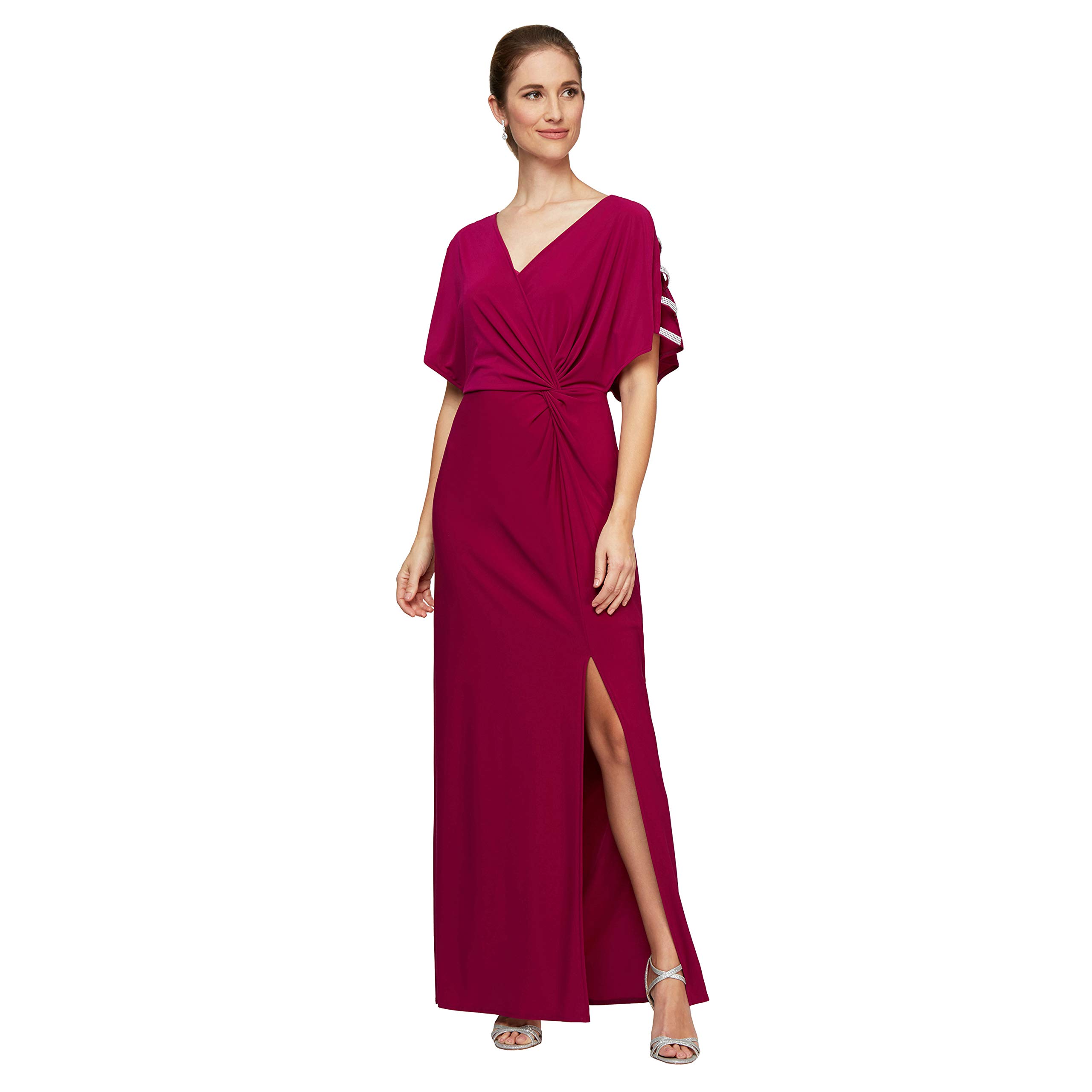 Alex Evenings Women's Long V-Neck Knot Front Wedding Guest Dress with Cold Shoulder Sleeves - Formal Evening Gown for Bridal Shower, Cocktail Party & Special Occasions (Petite/Regular Sizes)