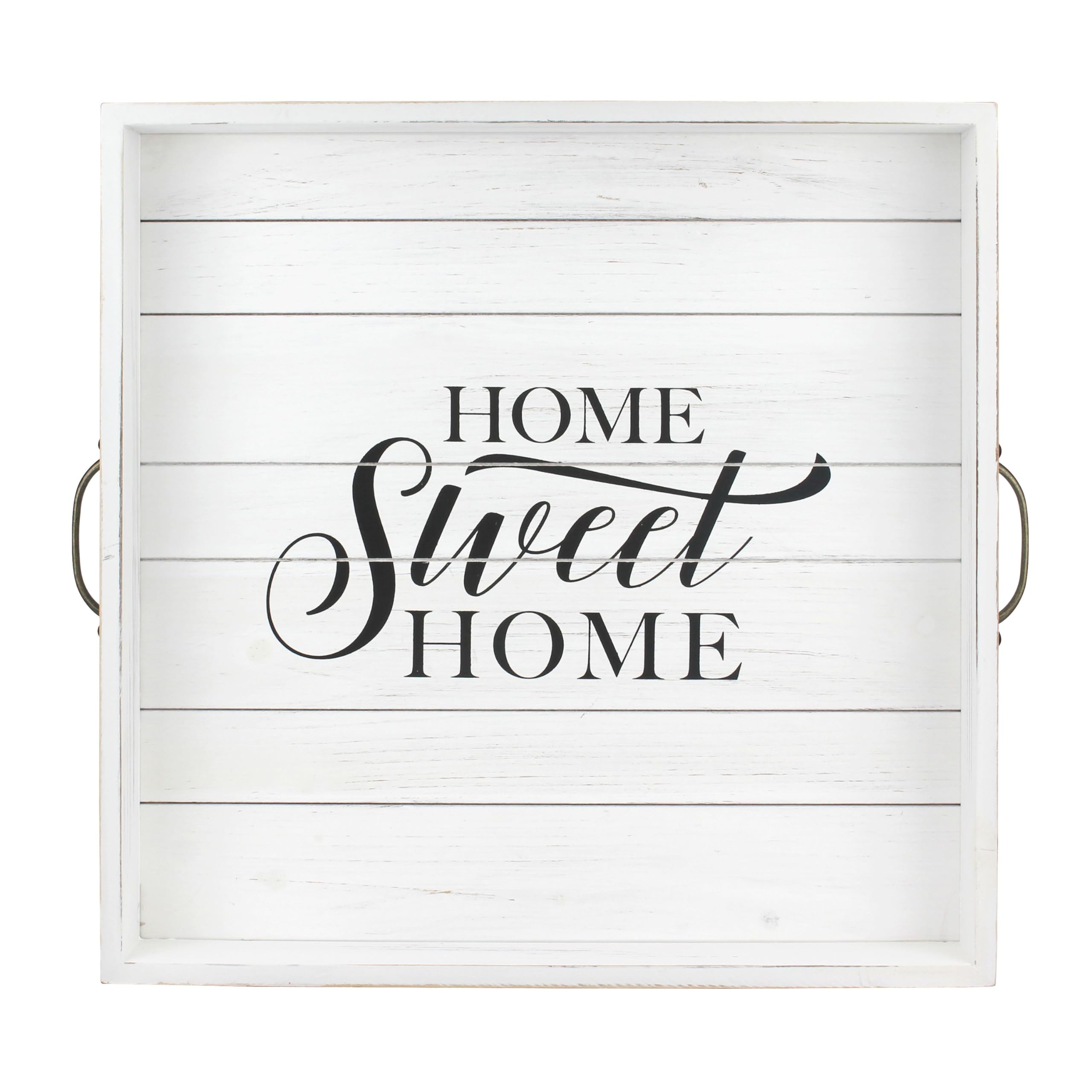 Stonebriar Square Worn White 'Home Sweet Home' Decorative Wooden Tray with Metal Handles - Perfect for Farmhouse Decor, Coffee Table Centerpiece & Rustic Home Organization