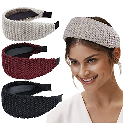 LIHELEI Thick Knit Headbands for Women - Soft Wide Head Wrap in Solid Colors (Black, Red, White) - Non Slip Hair Accessories for Workout, Yoga, Winter & Daily Use - 3 Pack Fashion Gift Set