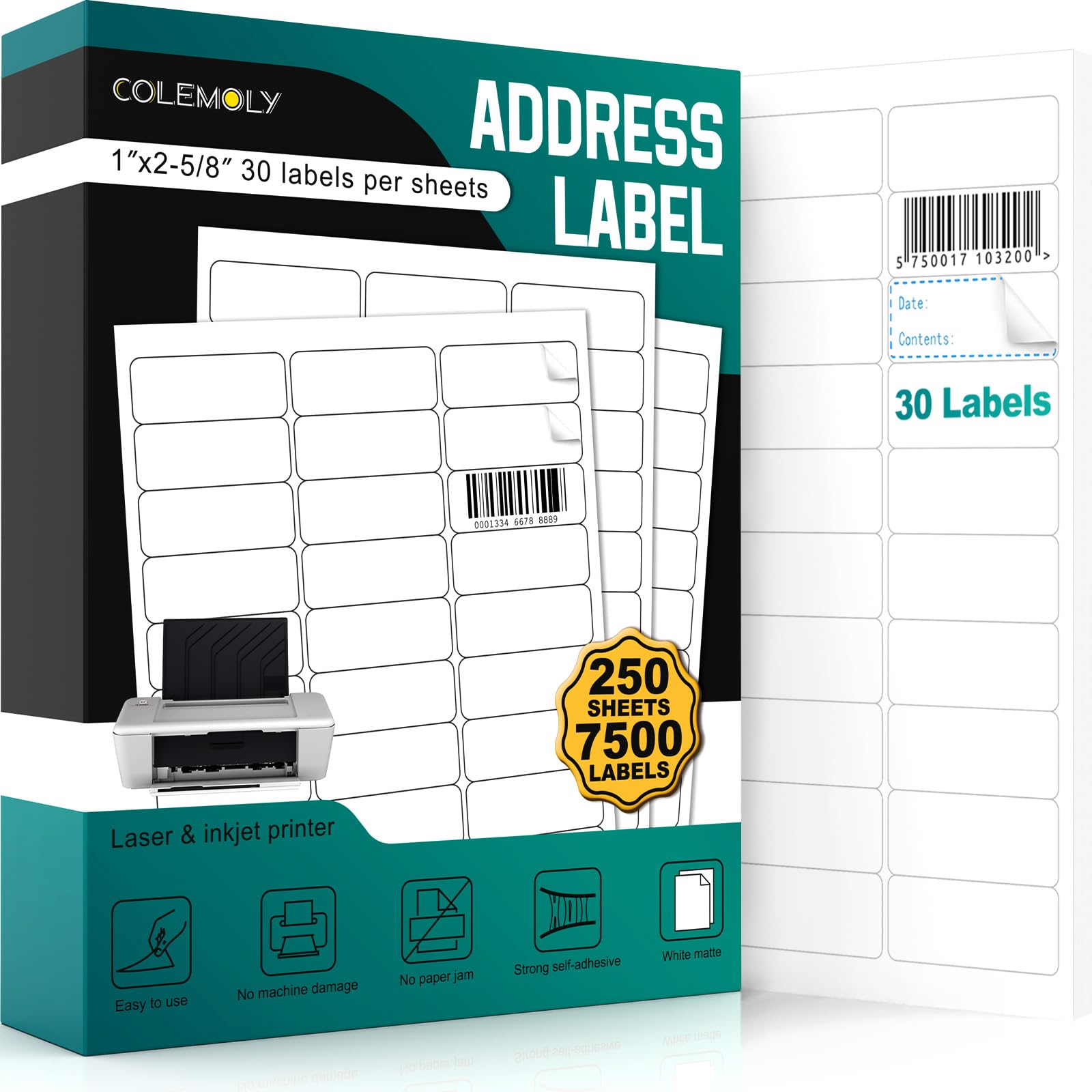 1''x2-5/8'' White Printable Address Labels - 250 Sheets (7500 Labels) for Laser/Inkjet Printers - Matte Sticker Paper for Mailing, Shipping & Organizing - Perfect for Home Office, Business & Bulk Mailing Needs