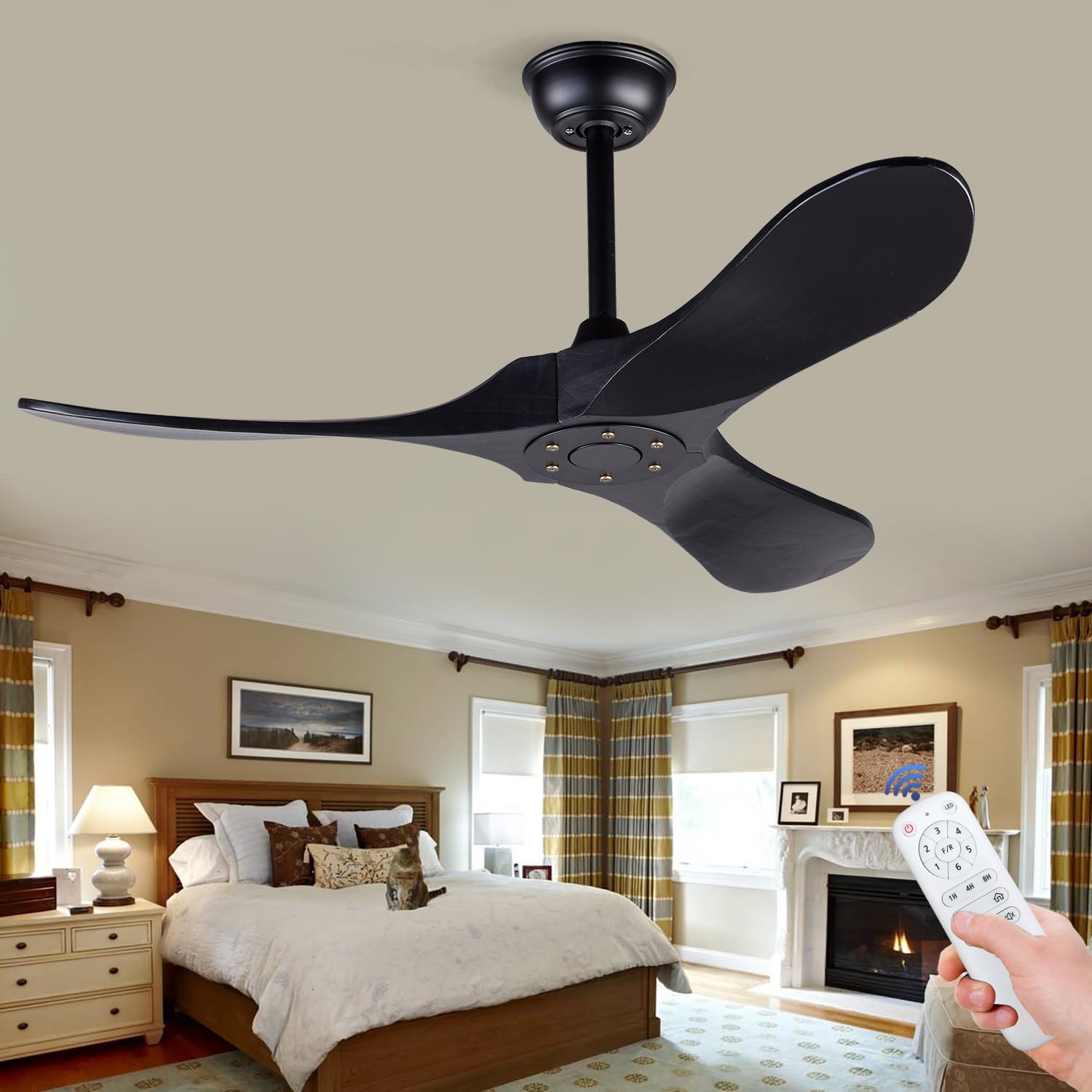 BOJUE 42 Inch Black Ceiling Fan with Remote Control - 3 Solid Wood Blades, No Light, Indoor/Outdoor Use for Patio, Bedroom, Kitchen & Living Room - Quiet & Energy Efficient Cooling Solution