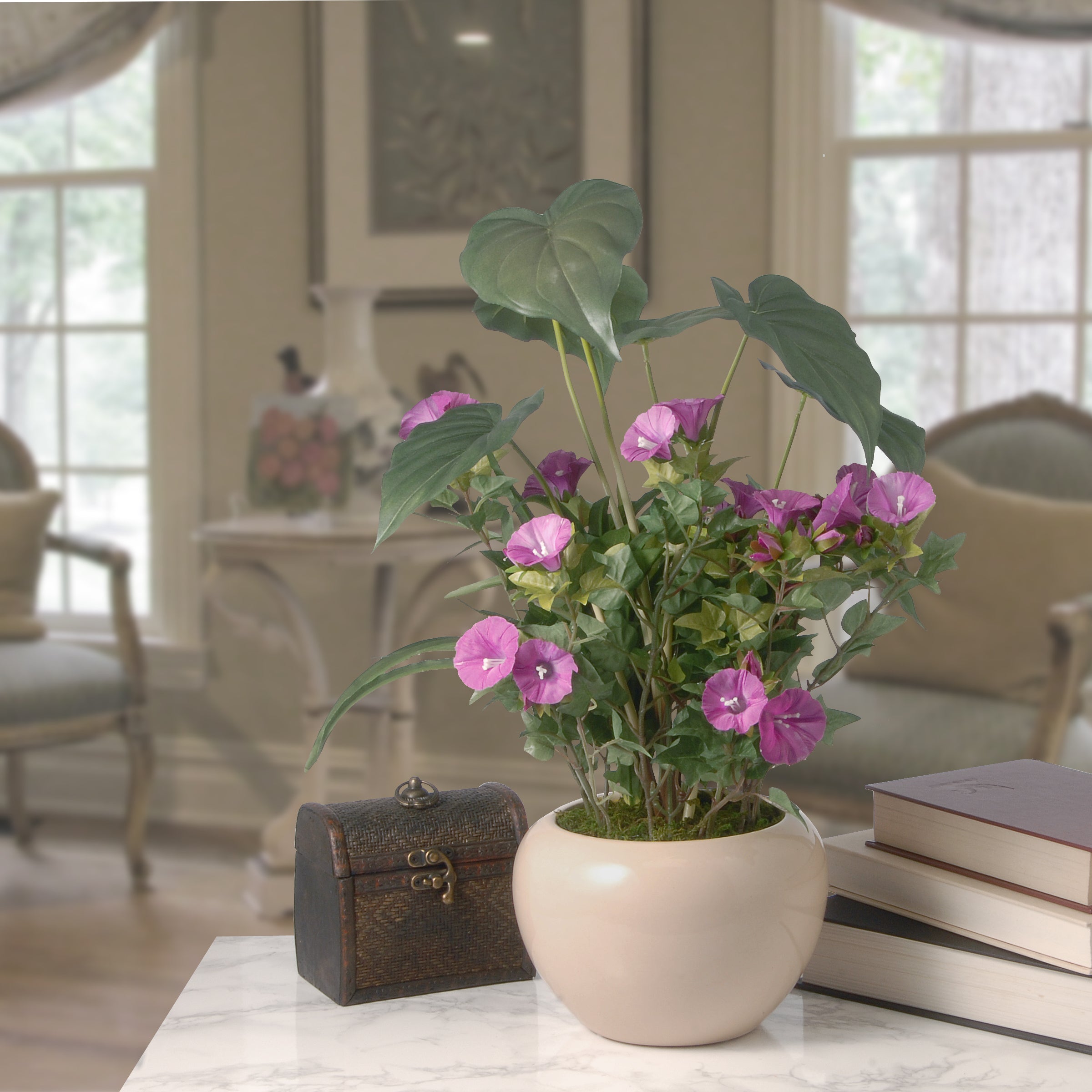 18 Inch Artificial Spring Purple Flower Potted Plant in Cream Ceramic Pot - Perfect for Home Decor, Office Desk, and Wedding Centerpieces