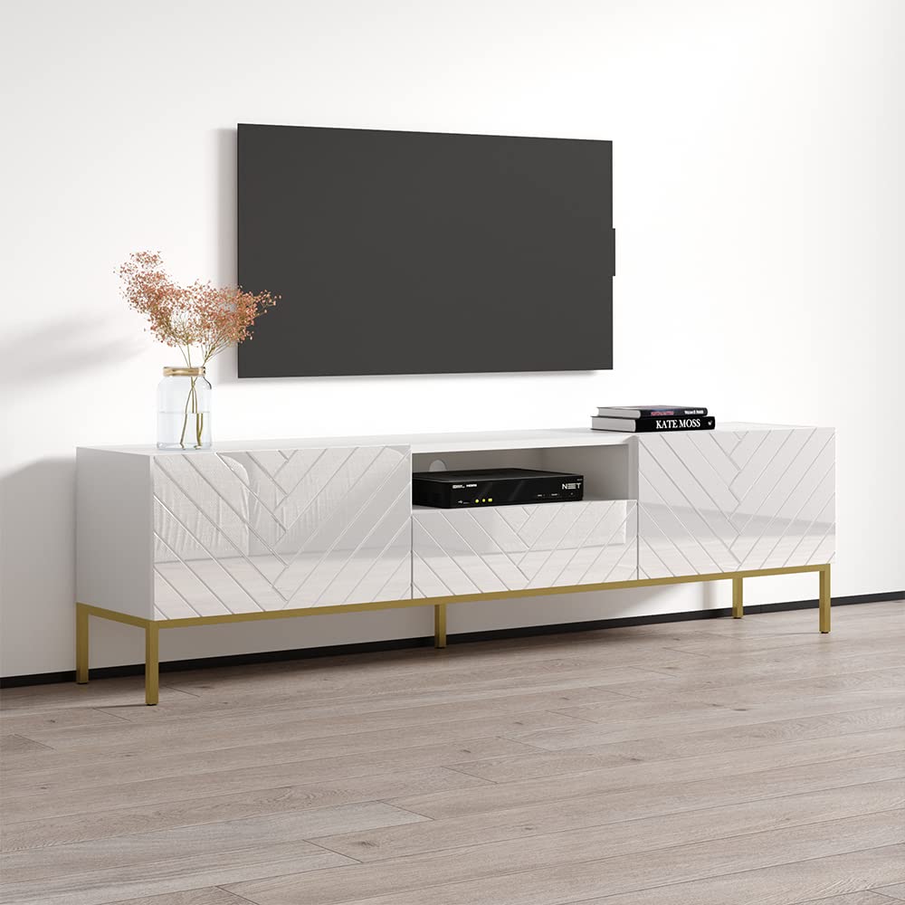 Mid-Century Modern TV Stand with Storage Drawers - 85 Inch Media Console Table for Living Room, White Rectangular Entertainment Center - Perfect for Home Theater Setup & Living Room Organization