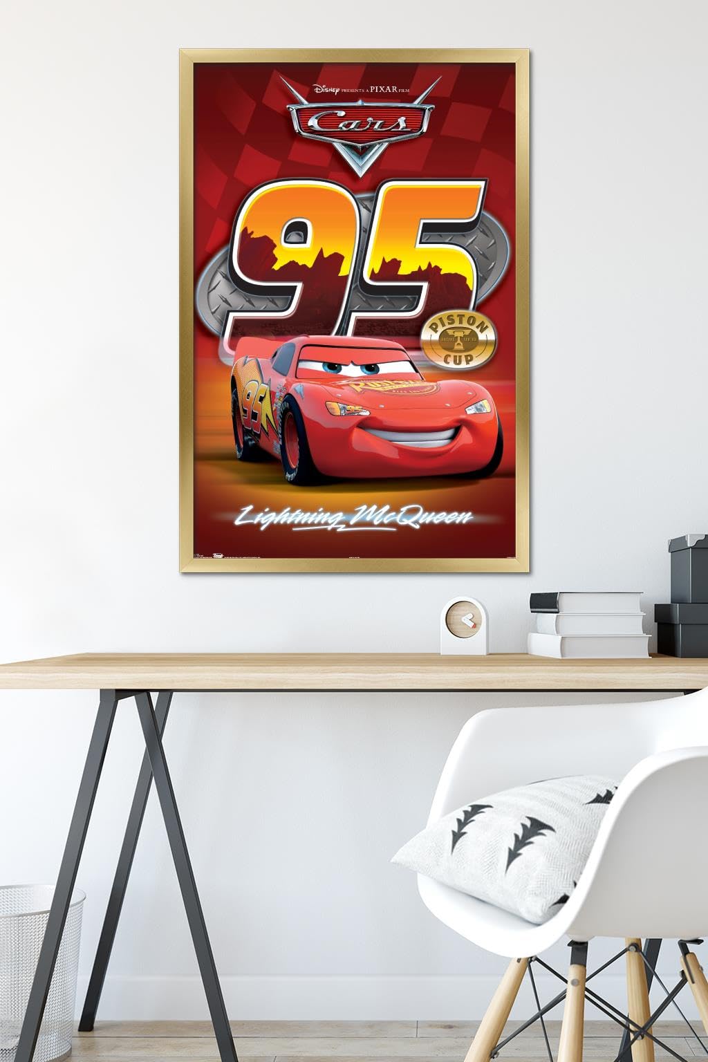 Disney Pixar Cars Lightning McQueen Wall Poster - 22.375 x 34 Inches Gold Framed Decor for Kids Room, Bedroom & Office | Official Licensed Movie Art