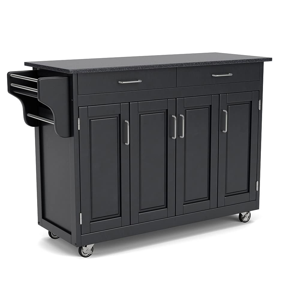 Home Styles Black 4-Door Kitchen Cabinet Cart with Granite Top - Mobile Storage Island for Small Spaces, Pantry Organization & Dining Prep