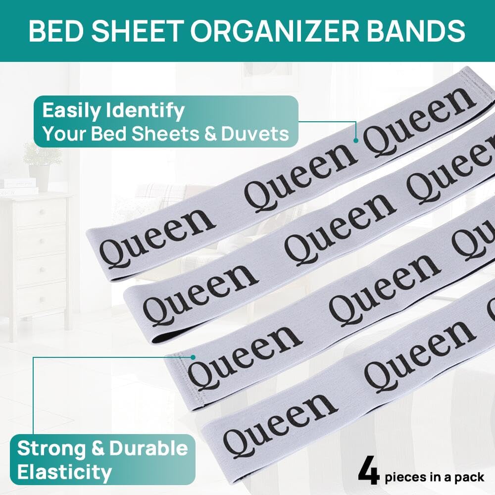 Elastic Bed Sheet Holder Straps - 4PCS Queen Size for Linen Closet Storage & Sheet Organization | Perfect for Fitted Sheet Storage, Bedding Organization & Travel Packing