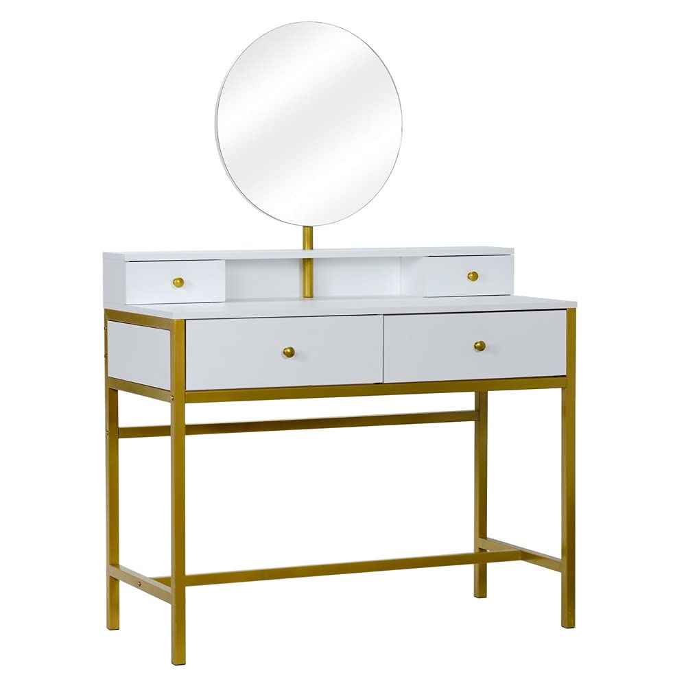 White Dressing Table with Mirror & Stool - 4-Drawer Steel Frame Dresser (100x45x76cm) for Bedroom, Living Room, Makeup Vanity & Home Decor