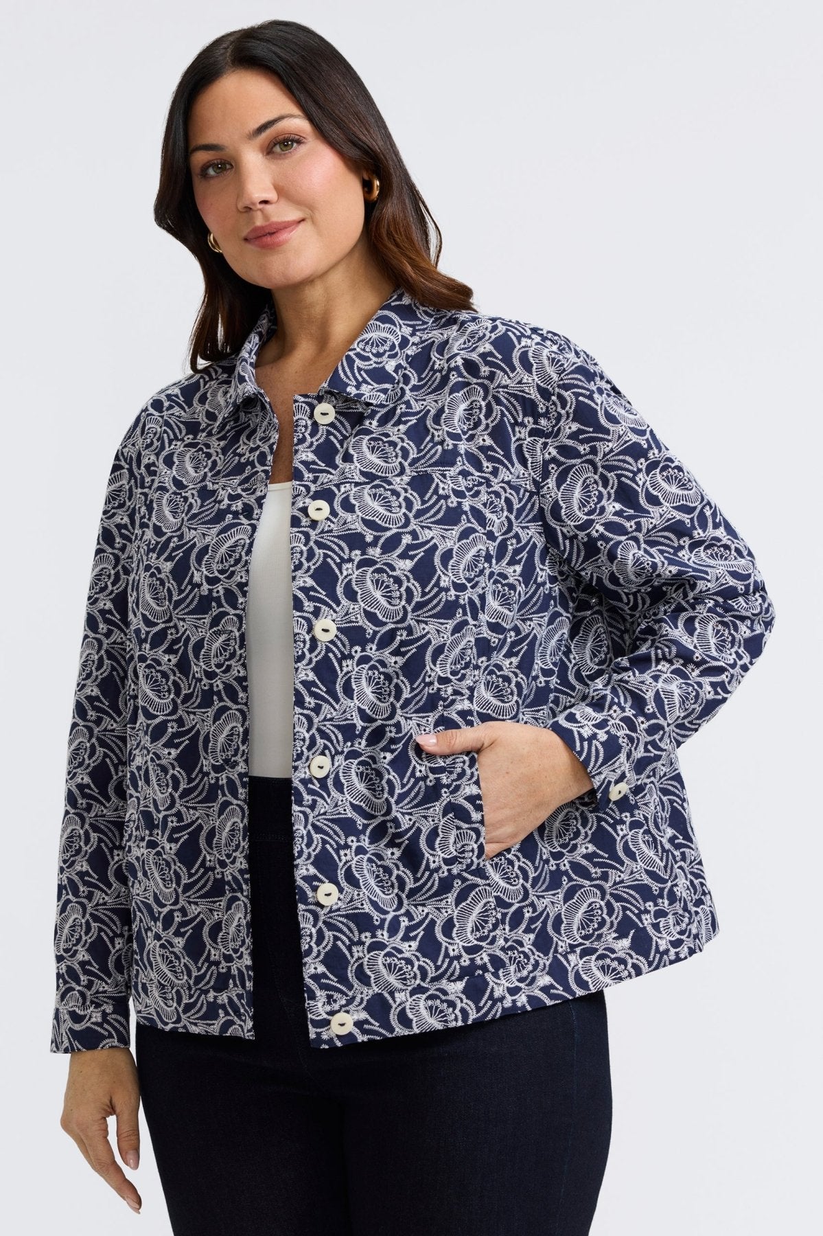 Thelma Plus Size Allover Eyelet Long Sleeve Denim Jacket for Women - Stylish Casual Wear for Spring & Fall Outfits