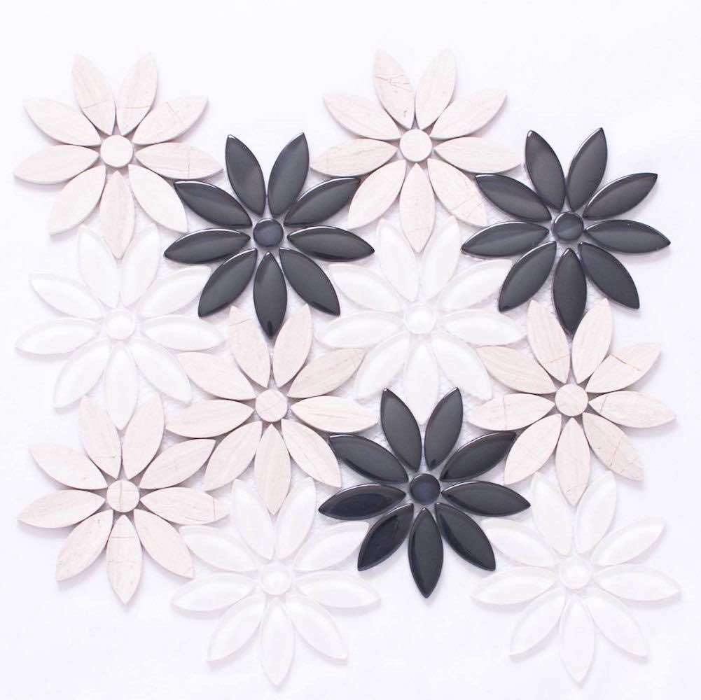 Waterjet Flower Mosaic Tile - Handmade Ceramic Wall & Floor Tile for Bathroom, Kitchen Backsplash - Vintage Floral Design Home Decor (12x12 Inch) - Perfect for Shower, Pool, and Outdoor Patio Renovation