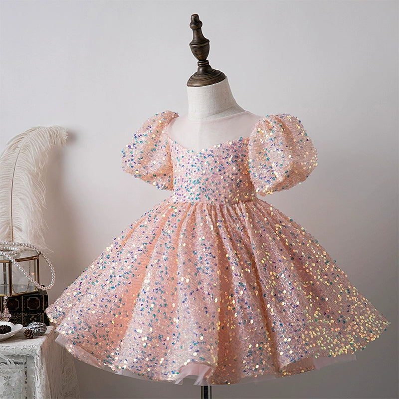 Pink Princess Round Tea Length Sequined Flower Girl Dress for Weddings, Bridal Showers & Special Occasions