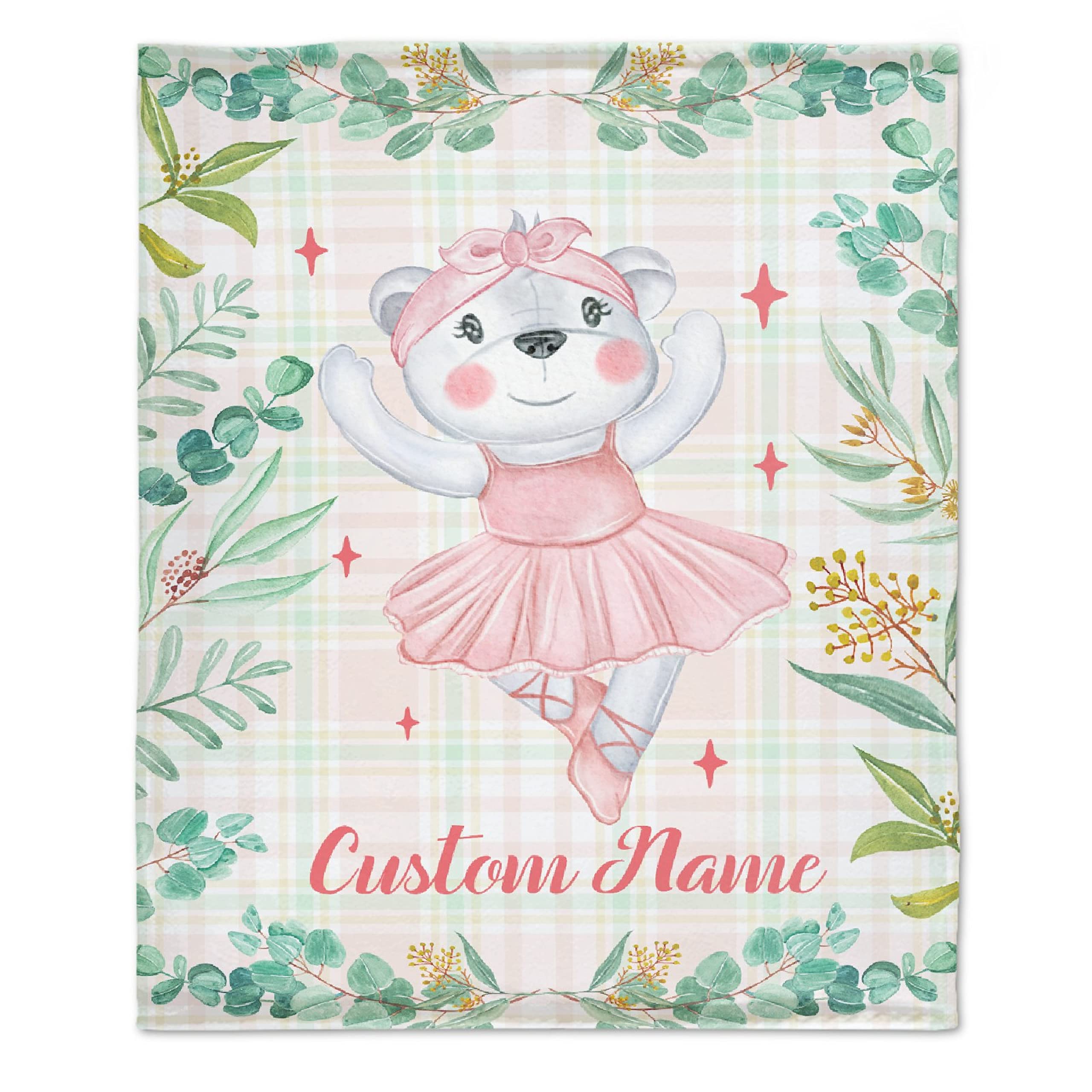 **Personalized Baby Blanket with Custom Name & Bear Floral Design - Soft Warm Flannel Swaddling Blanket for Boys & Girls - 90