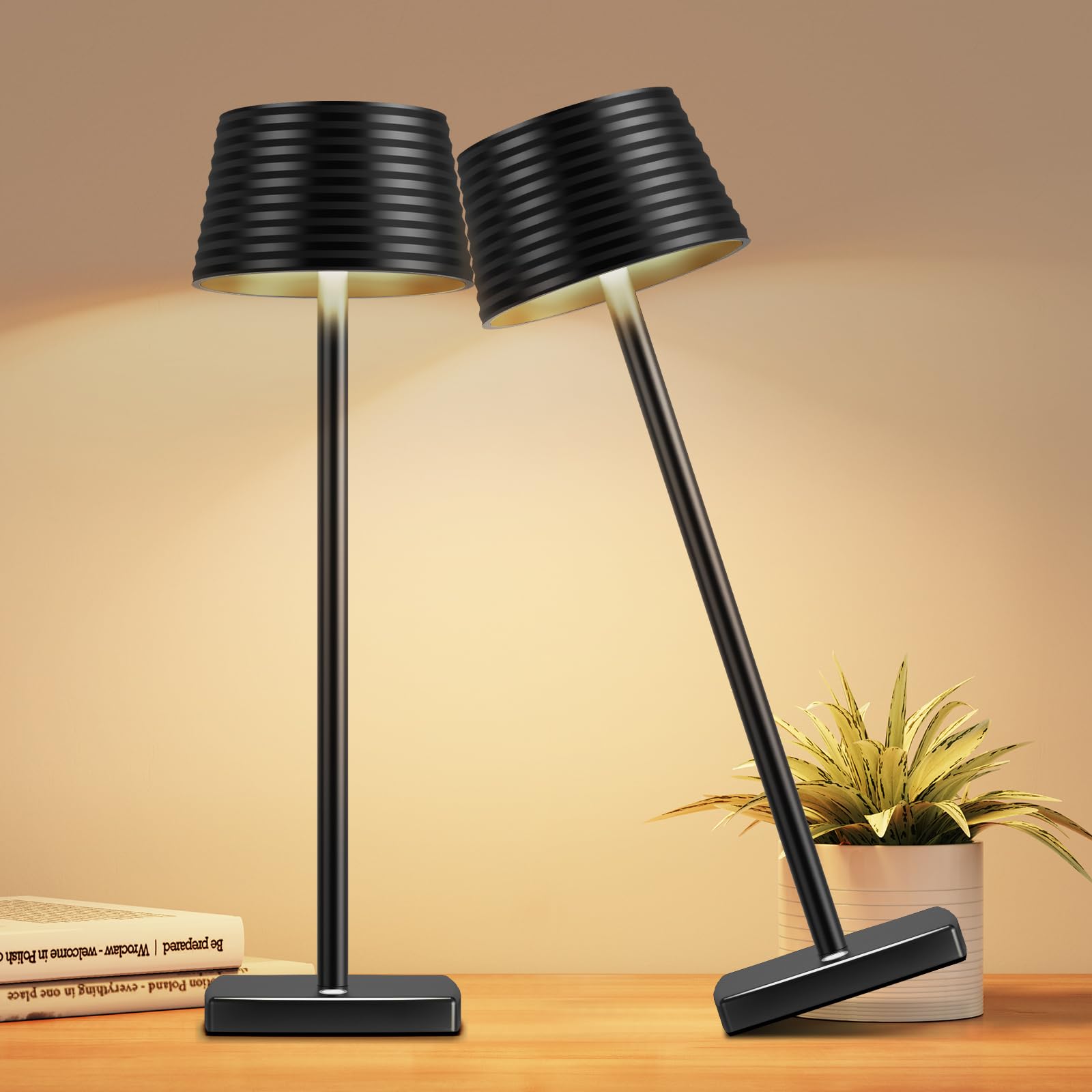 Rechargeable Cordless LED Desk Lamp - 5000mAh Battery, Aluminum Metal Housing, 3 Brightness Levels, USB Powered Portable Night Light for Home Office, Restaurant, Bar & Outdoor Use (Black, 2-Pack)