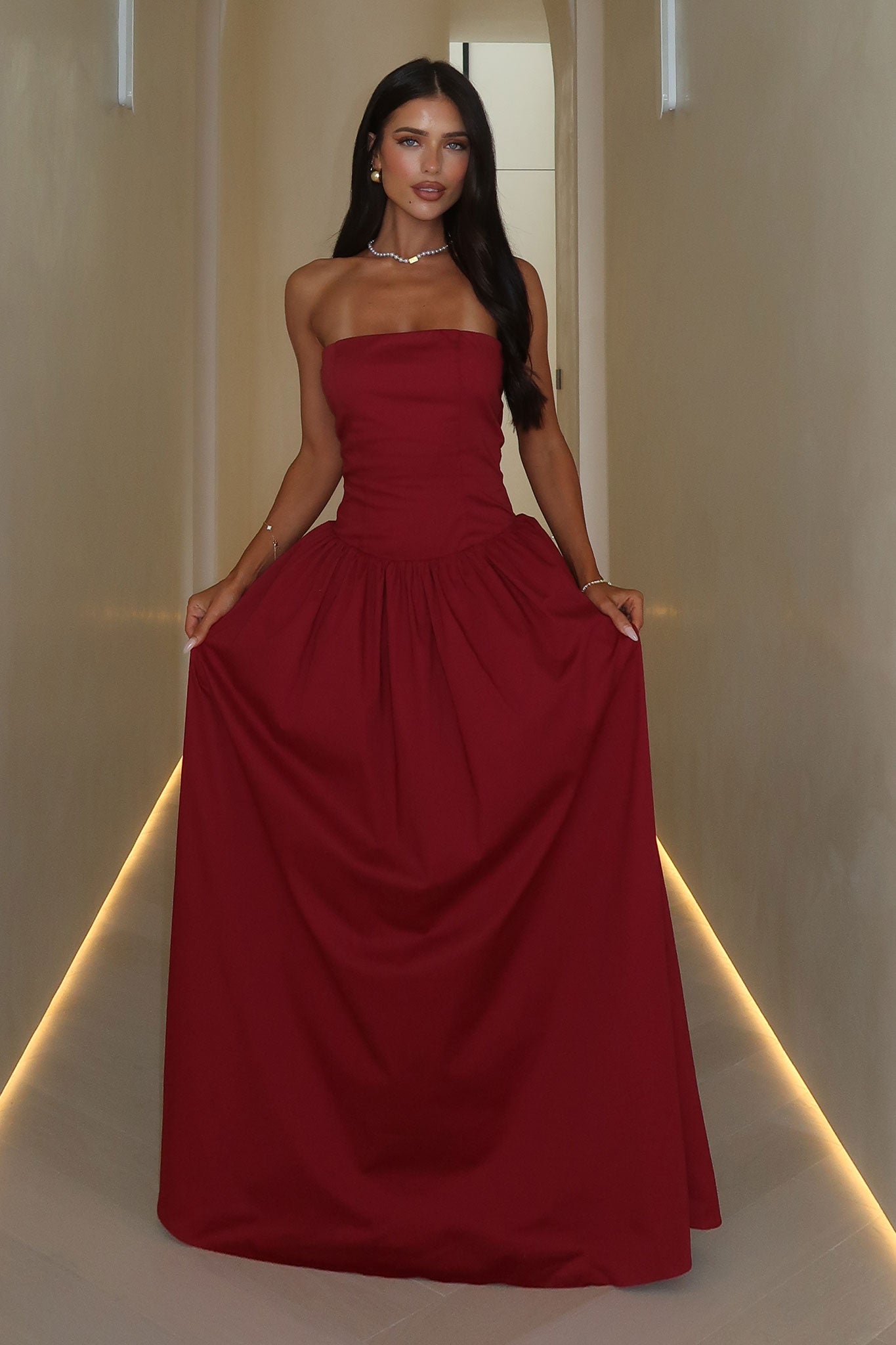 Iridessa Strapless Maxi Dress - Burgundy Red Long Formal Gown for Women | Perfect for Weddings, Parties & Evening Events