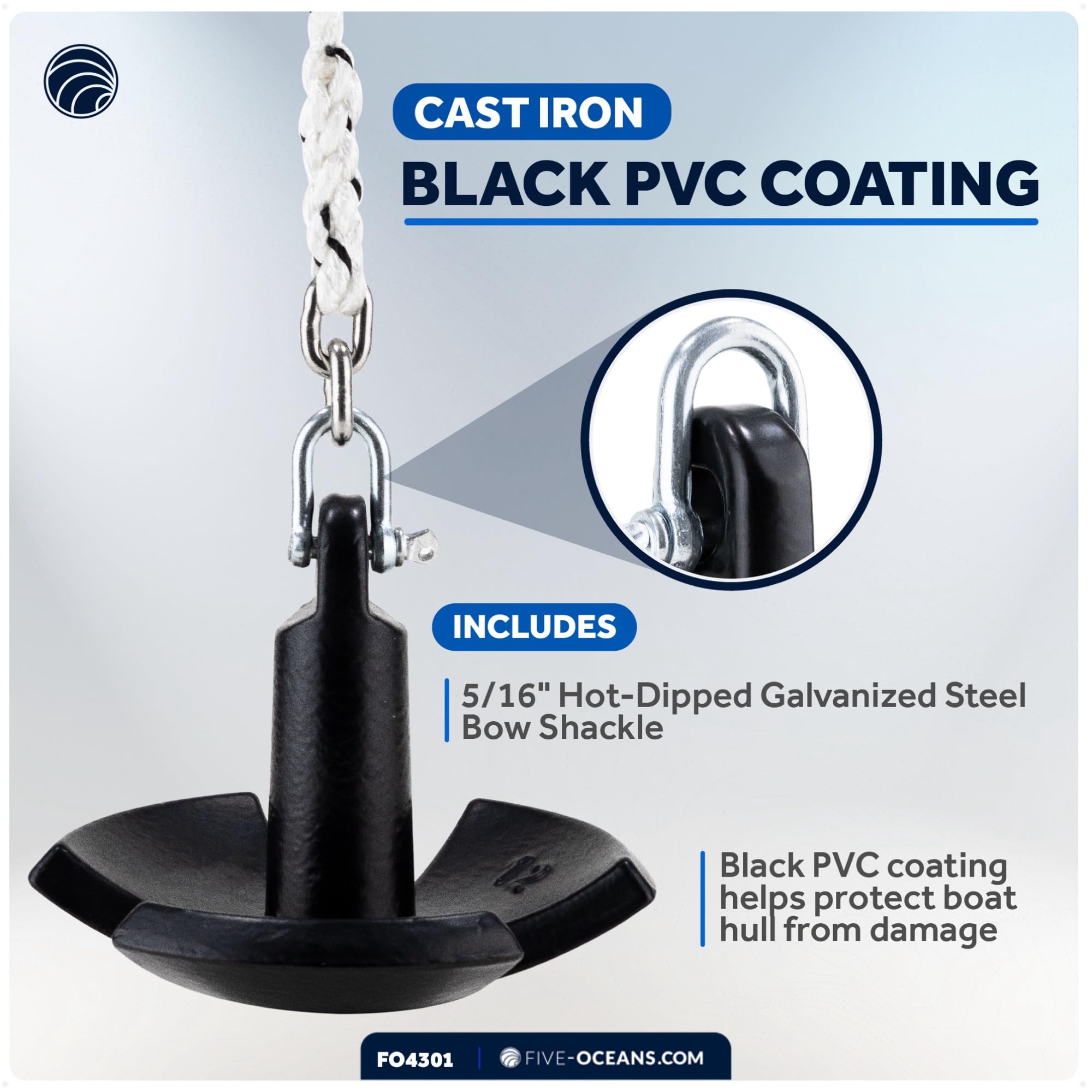 Five Oceans Heavy Duty River Anchor - Cast Iron PVC Vinyl Coated Boat Anchor for Pontoon & Bass Boats - Superior Holding Power in Rivers, Lakes & Muddy Bottoms - Perfect for Fishing, Boating & Water Sports