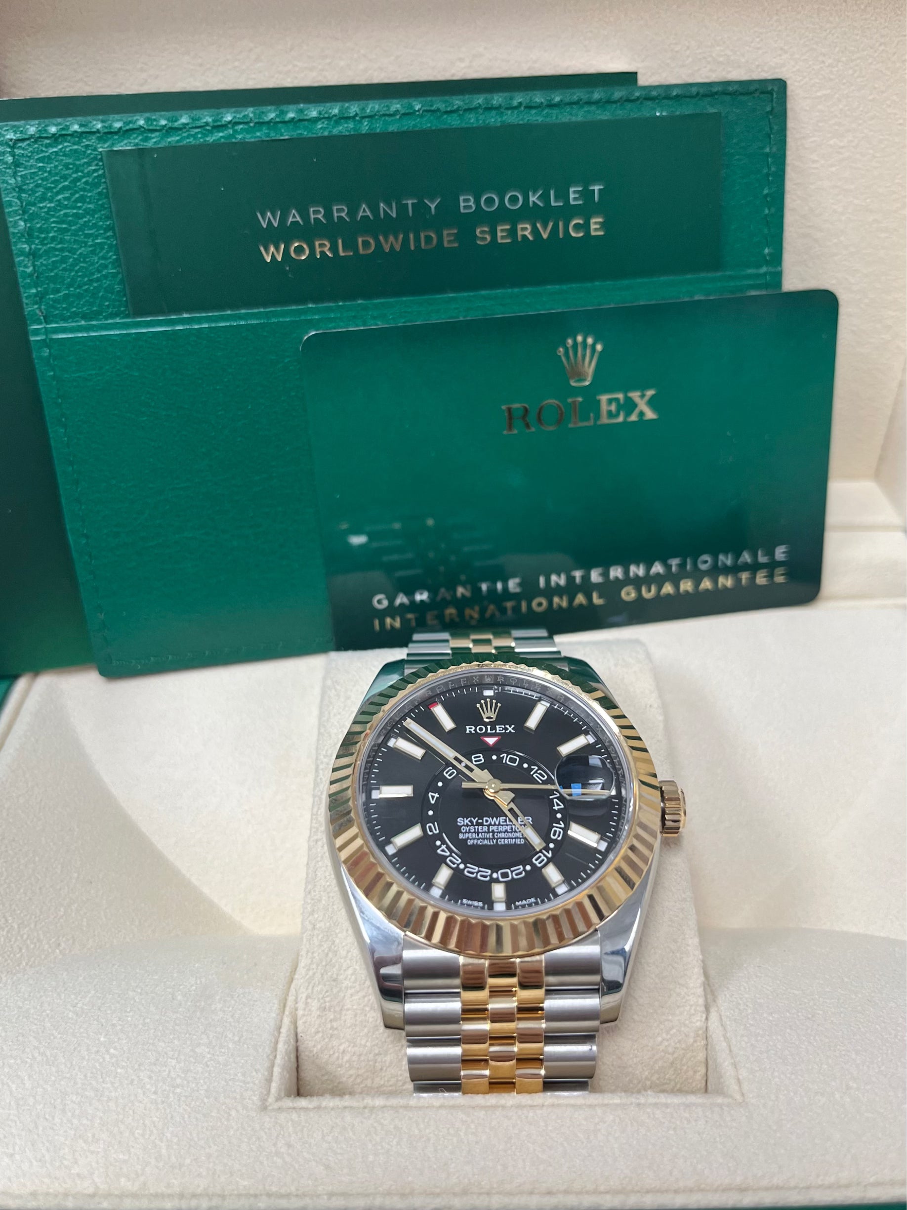 Rolex Sky-Dweller Yellow Rolesor Watch - Black Index Dial, Jubilee Bracelet Ref 326933 | Luxury Men's Watch for Business Travel & Formal Occasions