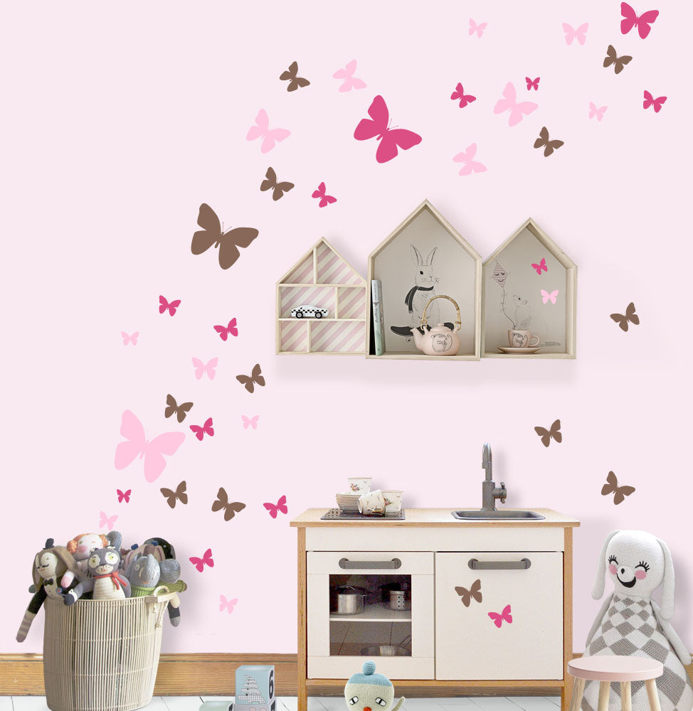 Butterfly Wall Decals for Girls Room - Hot Pink, Pink & Brown Vinyl Wall Stickers - Nursery, Bedroom & Kids Room Decor