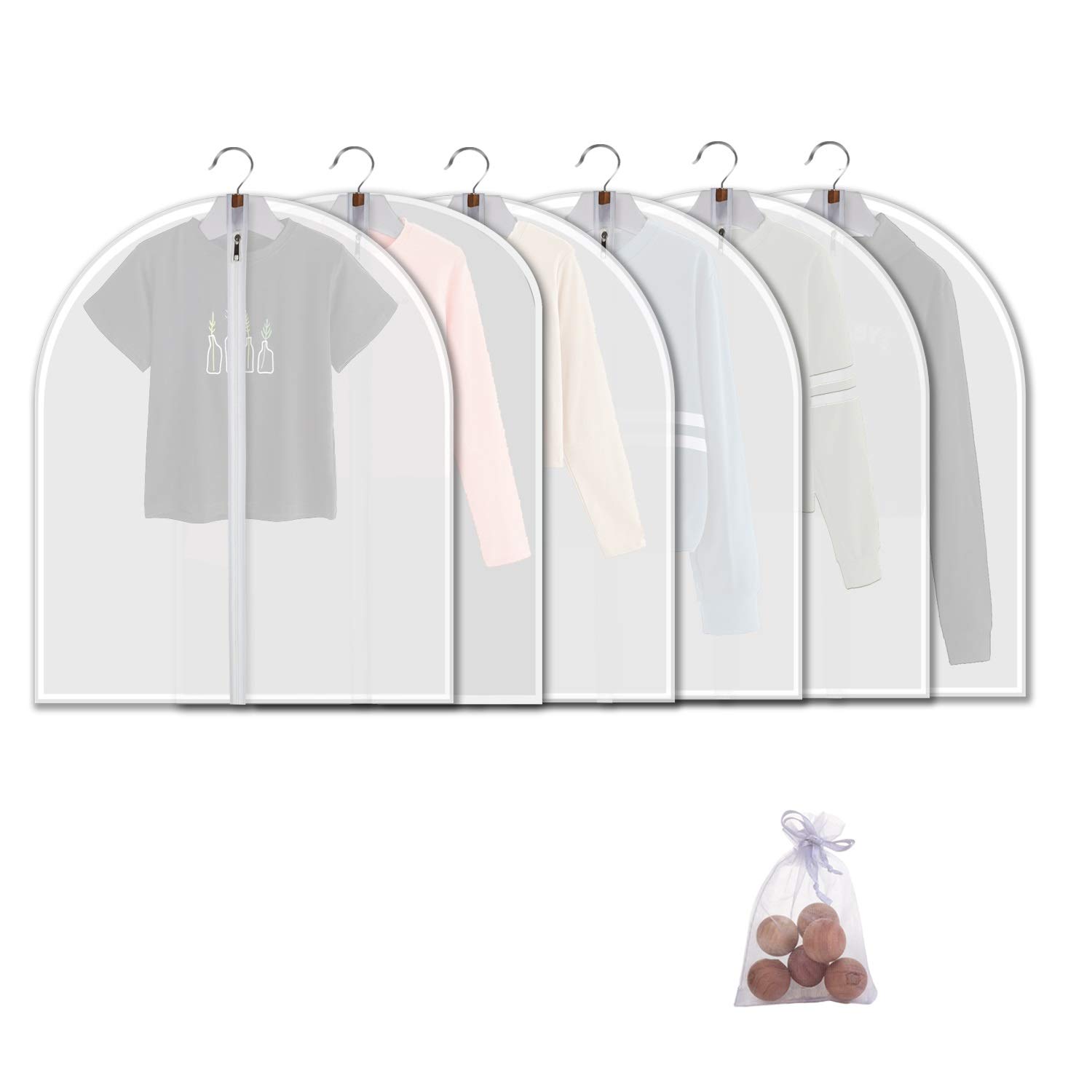 6 Pack Small Translucent Garment Bags - 31 Inch Hanging Clothing Storage with Cedar Balls for Boys & Girls Sweaters, Hoodies, Shorts | Travel, Closet Organization & Seasonal Clothes Protection