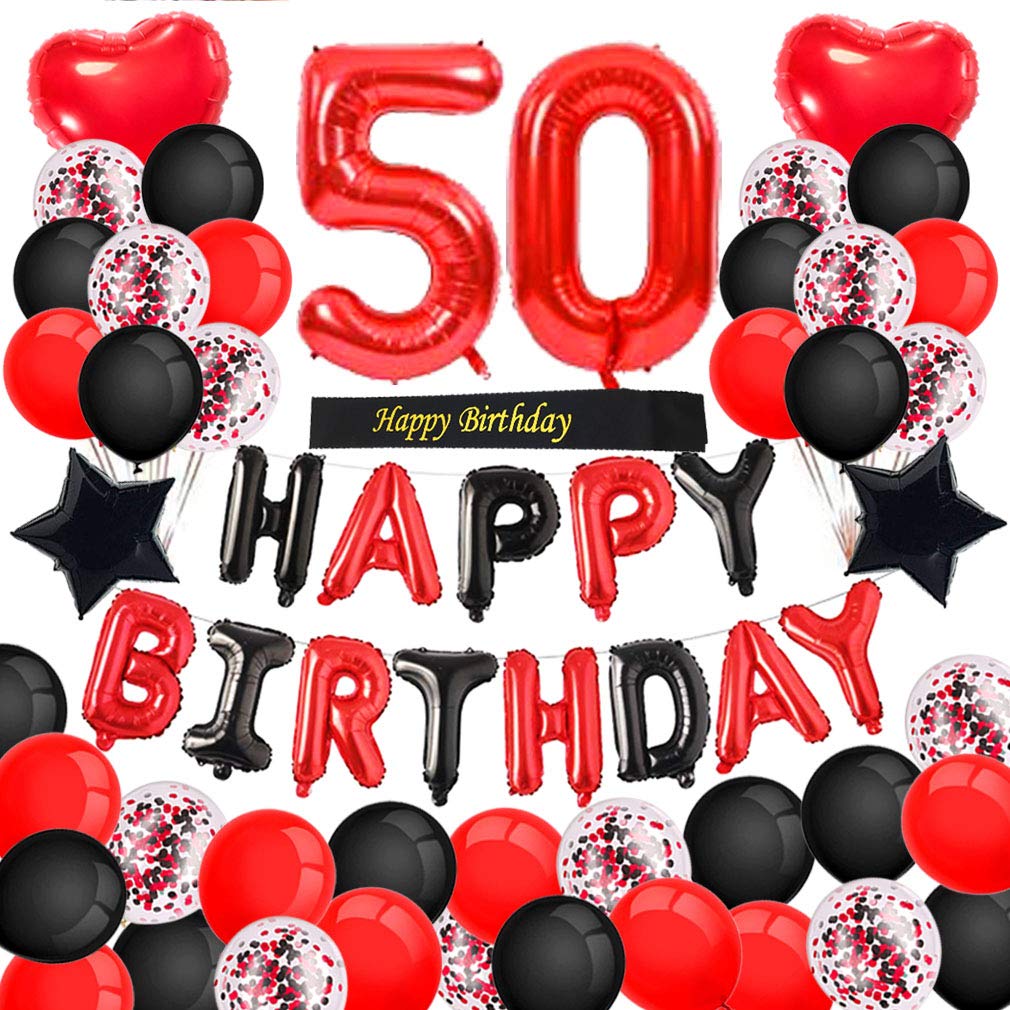 Minhero 50th Birthday Party Decorations - Red & Black Happy Birthday Banner, Number 50 Balloons, Birthday Sash with Latex & Confetti Balloons for Women's Milestone Celebration - Perfect for 50 Years Old Birthday Party Decor, Photo Backdrops & Anniversary Events