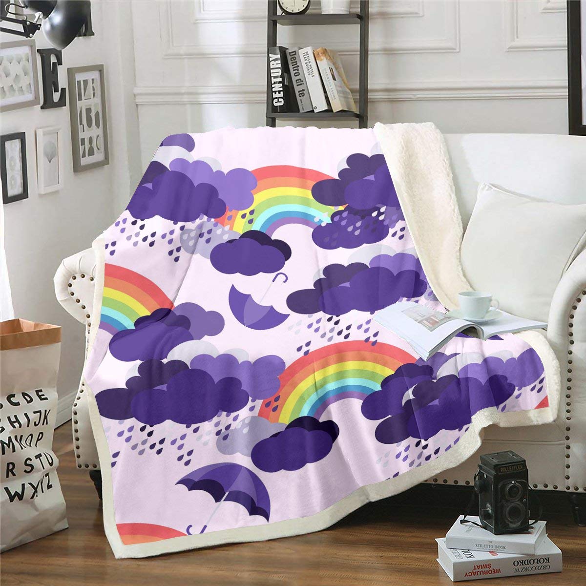 Erosebridal Rainbow Sherpa Cloud Blanket - Iridescent Raindrop Gypsy Flannel Throw for Bed, Dorm & Nursery | Soft Purple Cartoon Design for Baby, Kids Room Decor & Cozy Home Use