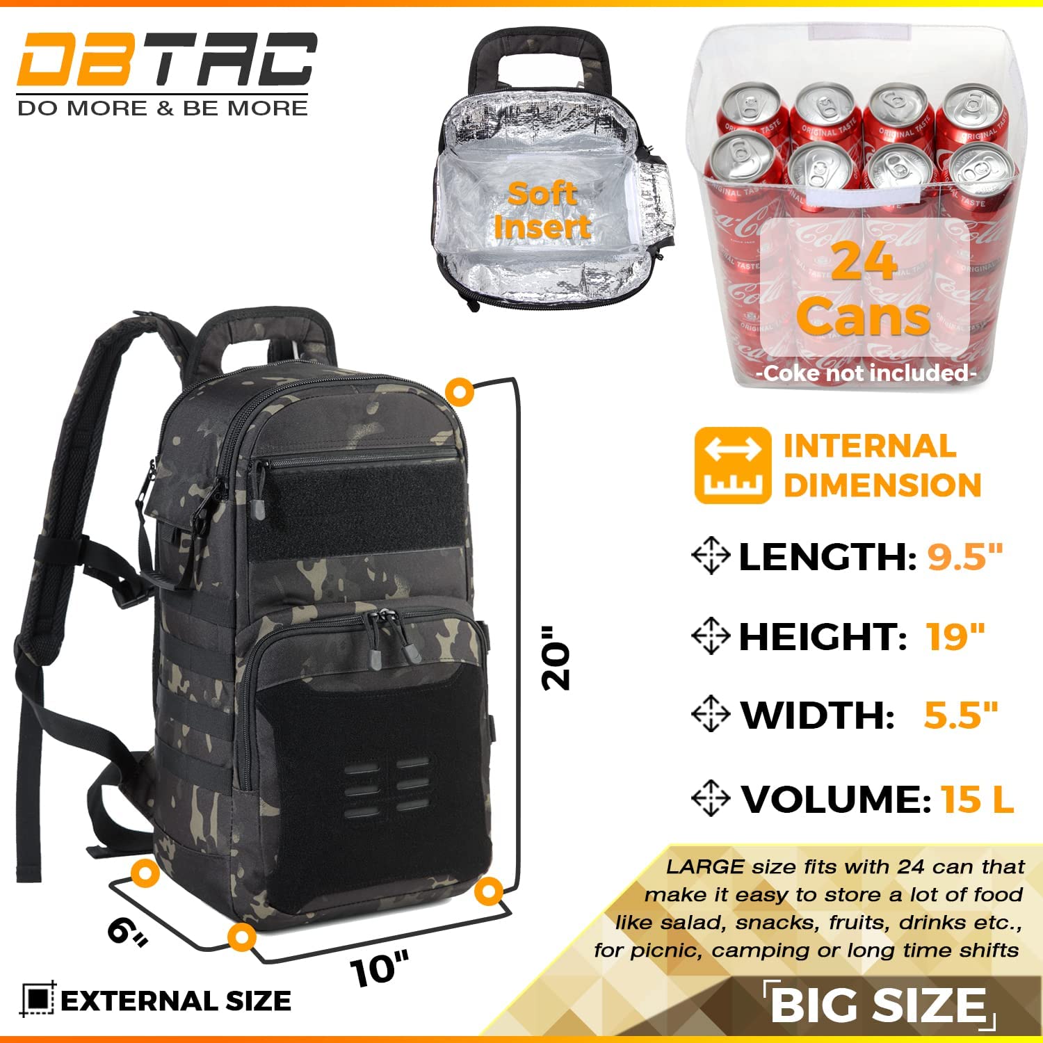DBTAC Insulated Tactical Lunch Backpack - 24 Can Capacity Cooler Bag for Men & Women | Leakproof Work Backpack, Picnic & Travel Cooler (Black Camo) - Perfect for Office Lunch, Hiking, Camping & Outdoor Adventures