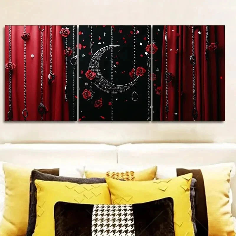 3-Piece Black Moon and Red Roses Wall Art Set - Framed Canvas 50x70cm (20x28in) - High Quality Print - 100% Australian Made - Ready to Hang - Perfect for Living Room, Bedroom & Office Decor