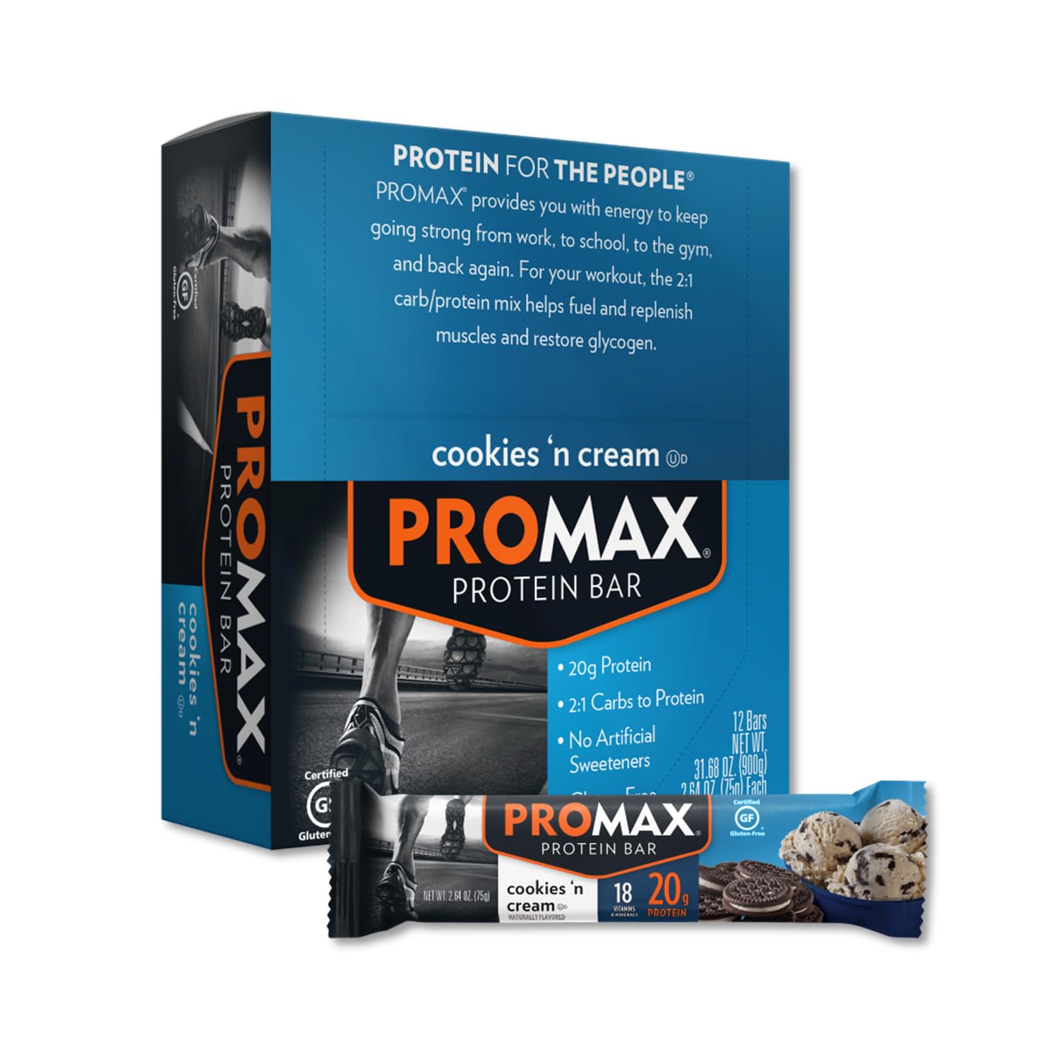 Promax Protein Bar Cookies 'n Cream - 20g High Protein, Gluten Free, Low Sugar, 12 Pack - Perfect for Post-Workout Recovery, Healthy Snacking & On-the-Go Nutrition