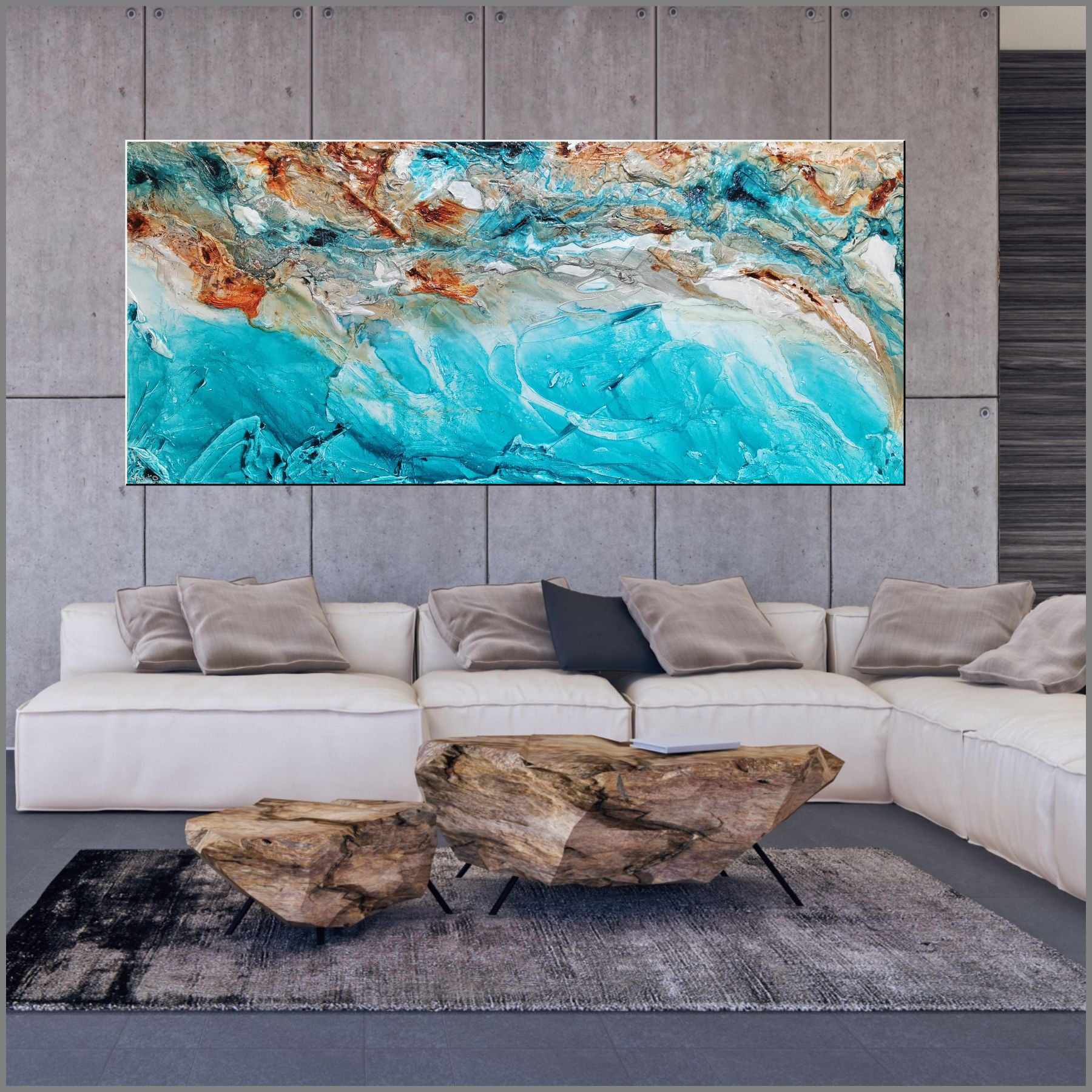 270cm x 120cm Turquoise Cream Textured Abstract Canvas Painting - Crushed Southern Ice Design - Modern Wall Art for Living Room, Bedroom & Office Decor
