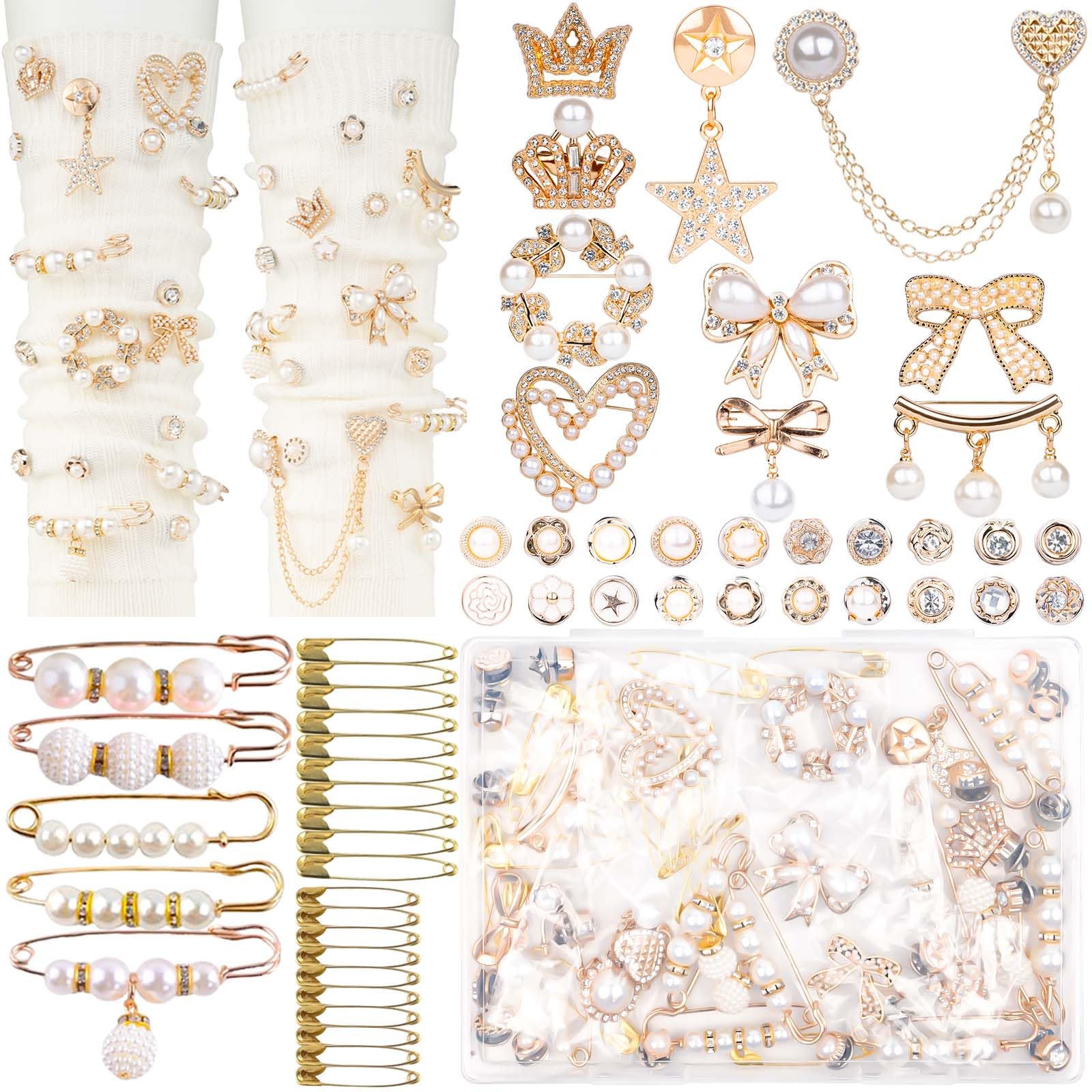 DoDoBeads 60 Pcs Junk Socks Charms Kit - Gold Brooches, Pearl & Rhinestone Pins for Women - DIY Sock Accessories for Decorating & Personalizing - Perfect for Gifts, Parties & Fashion DIY Projects