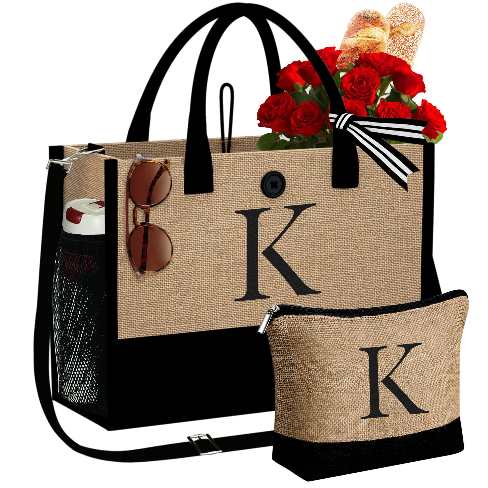 Personalized Initial Beach Tote Bag & Makeup Set - Perfect Valentine's Day, Birthday Gifts for Women, Mom & Friends | Great for Beach Trips, Travel & Everyday Use