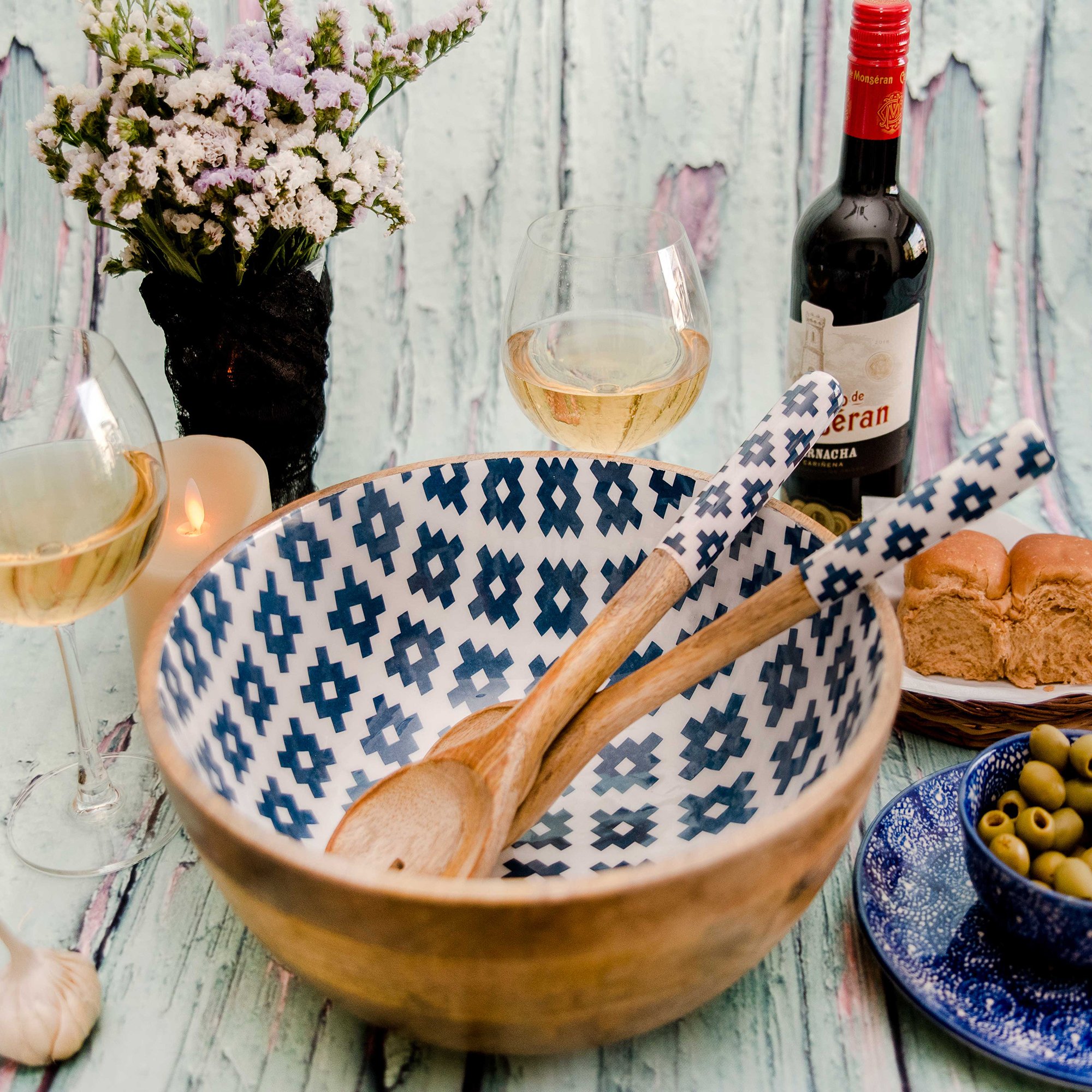 Folkulture 12-inch Mango Wood Salad Bowl Set with Serving Tongs - Large Wooden Mixing Bowl for Fruits, Cereal, Pasta - Natural Blue Handcrafted Kitchenware for Entertaining, Dining & Food Presentation