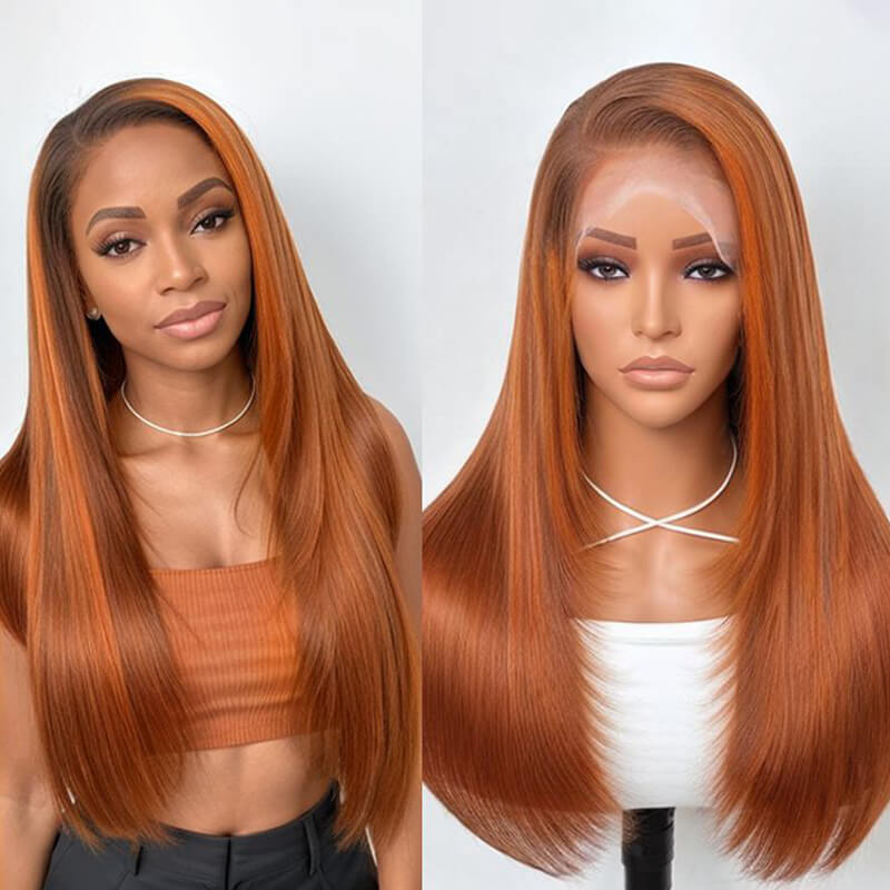Eullair Green Skunk Stripe Layered Cut Straight Human Hair Wig with Golden Ginger Highlights - Pre Cut Lace Front for Natural Look | Perfect for Cosplay, Halloween, Daily Fashion & Special Occasions