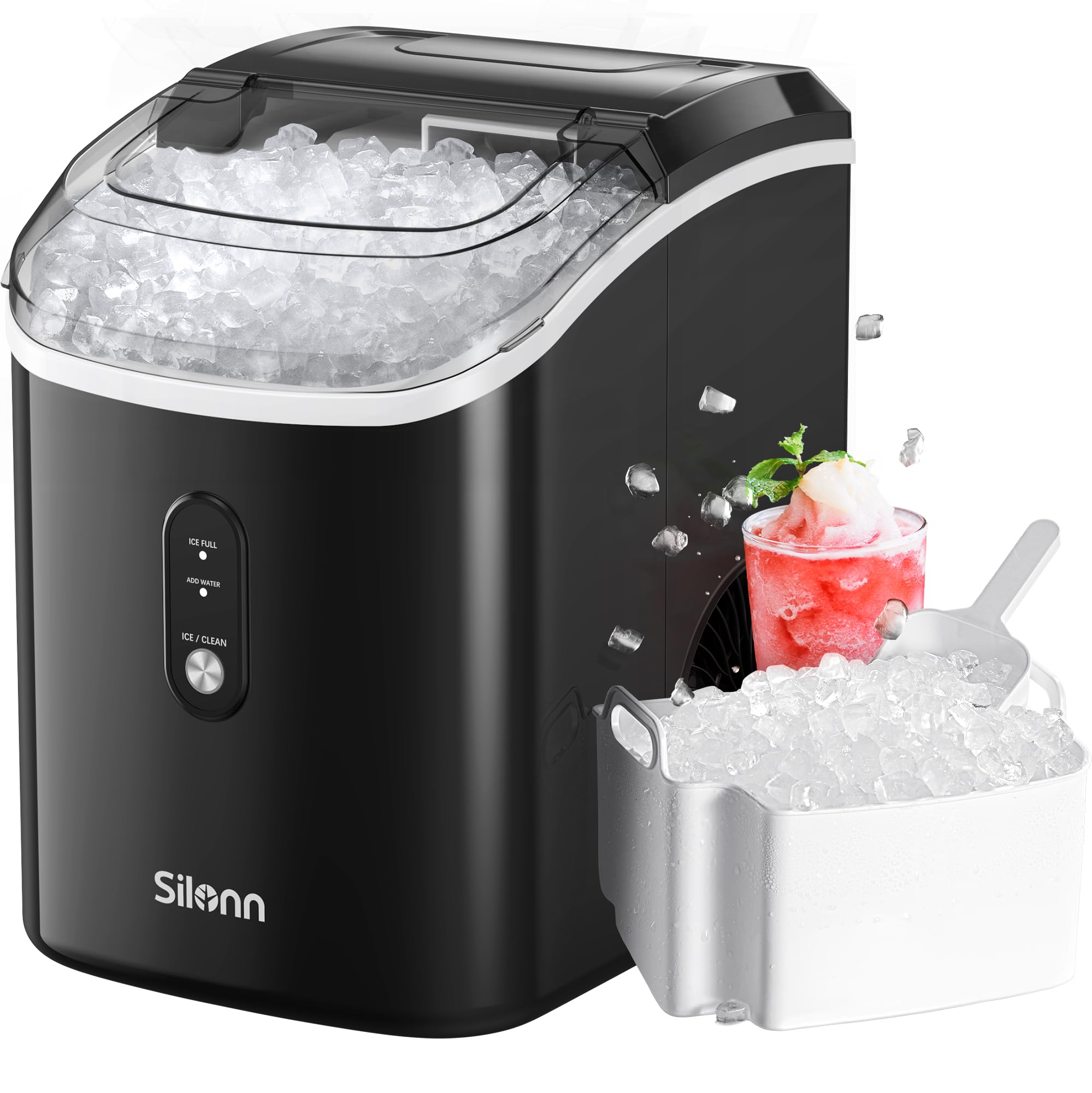 Silonn Countertop Nugget Ice Maker - 33lbs/24H Chewable Pellet Ice Machine with Self-Cleaning Function, Portable Ice Maker for Home, Kitchen, Office (Black) - Perfect for Cocktails, Sodas, and Party Drinks