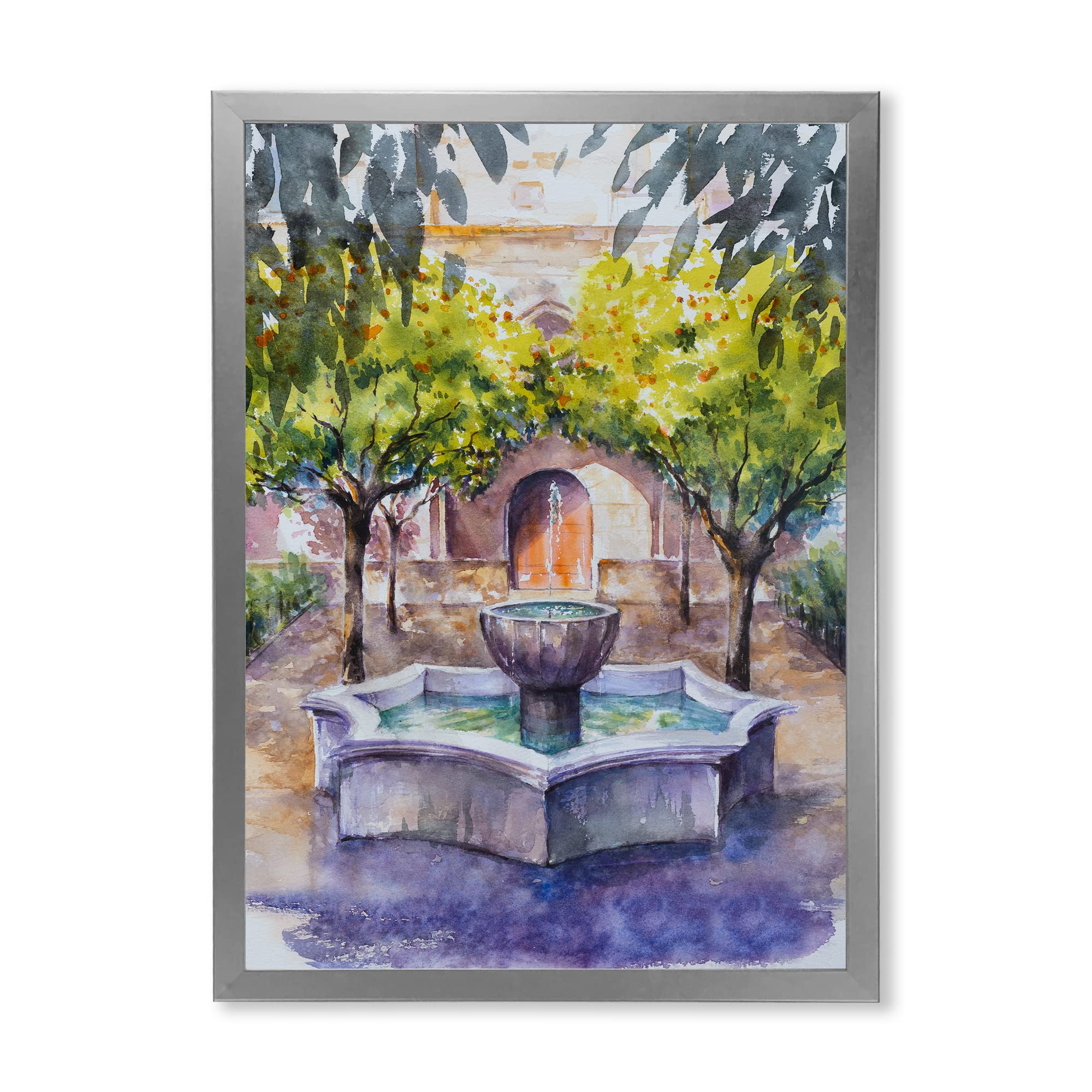 DesignQ Framed Wall Art - Small Fountain Picture with Trees in the Village Countryside - Perfect for Living Room, Bedroom & Office Decor