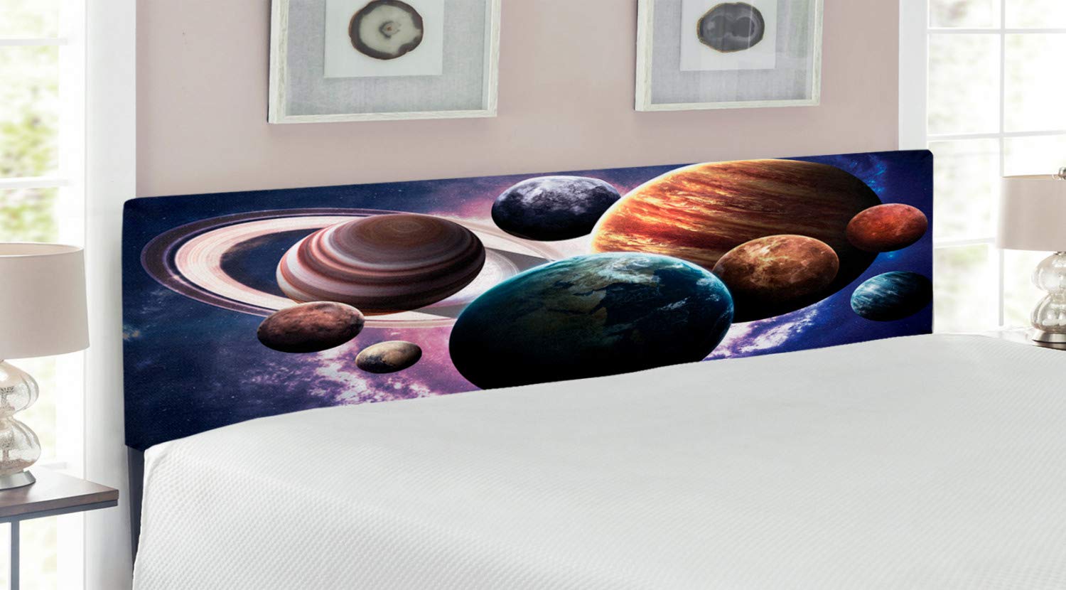 Ambesonne King Size Upholstered Space Headboard with Memory Foam - Solar System Planets Design Featuring Mercury, Jupiter, Saturn & Universe Theme - Decorative Metal Bed Headboard for Modern Bedroom Decor - Perfect for Astronomy Lovers & Sci-Fi Themed Rooms