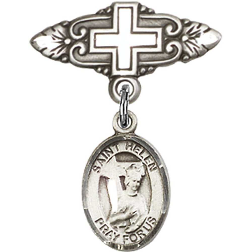 1 X 3/4 Inch Sterling Silver Baby Badge with St. Helen Charm & Cross Pin - Perfect for Christenings, Baptisms & First Communion Gifts