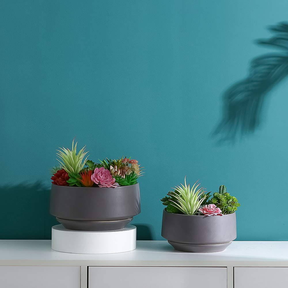 Premium Ceramic Planter Set of 2 with Drainage Hole & Saucer - Modern Glazed Indoor Cylinder Plant Pots for House Plants, Bonsai, Succulents - Matte Grey Medium Size | Perfect for Home Decor, Office Desk & Gift Giving