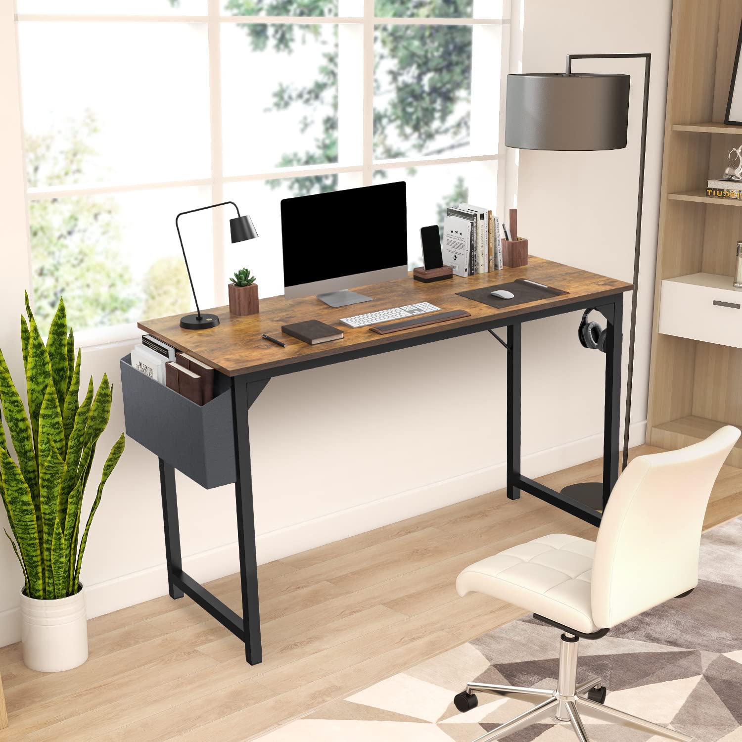 OLIXIS 48 Inch Modern Wooden Computer Desk for Home Office, Study & Gaming - Rustic Brown Writing Desk with Storage Bag & Headphone Hook - Perfect for Small Spaces, Bedrooms, Student Dorms & Shared Workspaces