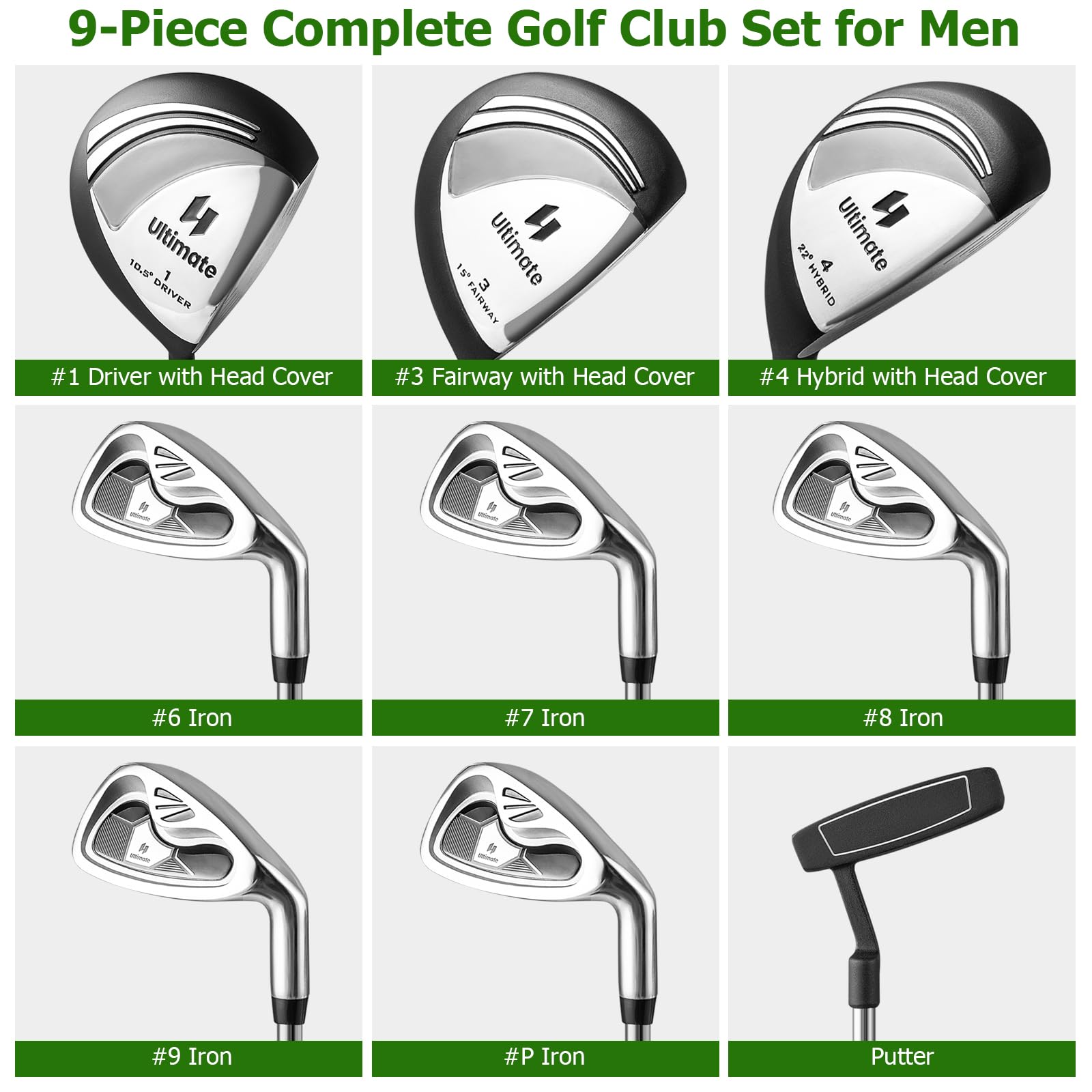 GYMAX Complete 12/14-Piece Right-Handed Golf Club Set for Men - Includes #1 Driver, #3 Fairway Wood, #4 Hybrid, 6-9 Irons, Pitching Wedge, Putter & Headcovers - Perfect for Beginners & Intermediate Golfers on the Course or Driving Range