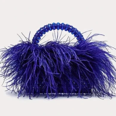 Handmade Designer Pearl Bead Bag with Feather Fur Trim - Elegant Acrylic Crystal Stone Evening Tote Clutch for Women | Perfect for Parties, Weddings & Special Occasions
