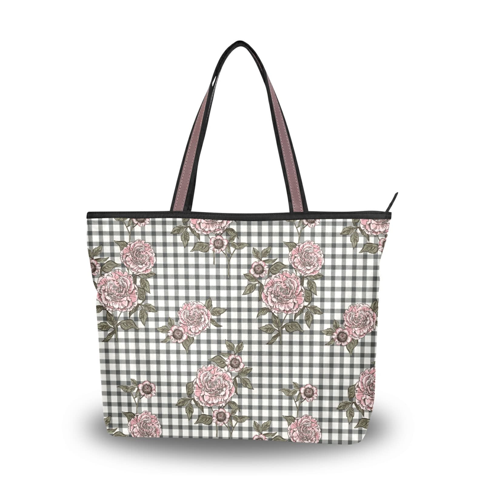 Floral Plaid Tote Bag for Women - Large Capacity Zippered Grocery Bag, Stylish Aesthetic Purse for Daily Use, Work & Shopping (2 Size Options) - Perfect for Groceries, Beach Trips & Office Commute
