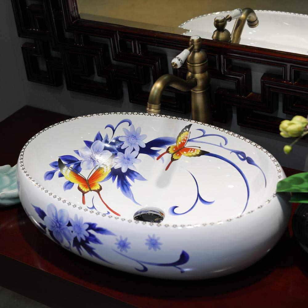 Blue and White Porcelain Oval Vessel Sink - Ceramic Countertop Bathroom Basin for Vanity & Closet Style | Modern Bathroom Decor for Home & Hotel Use