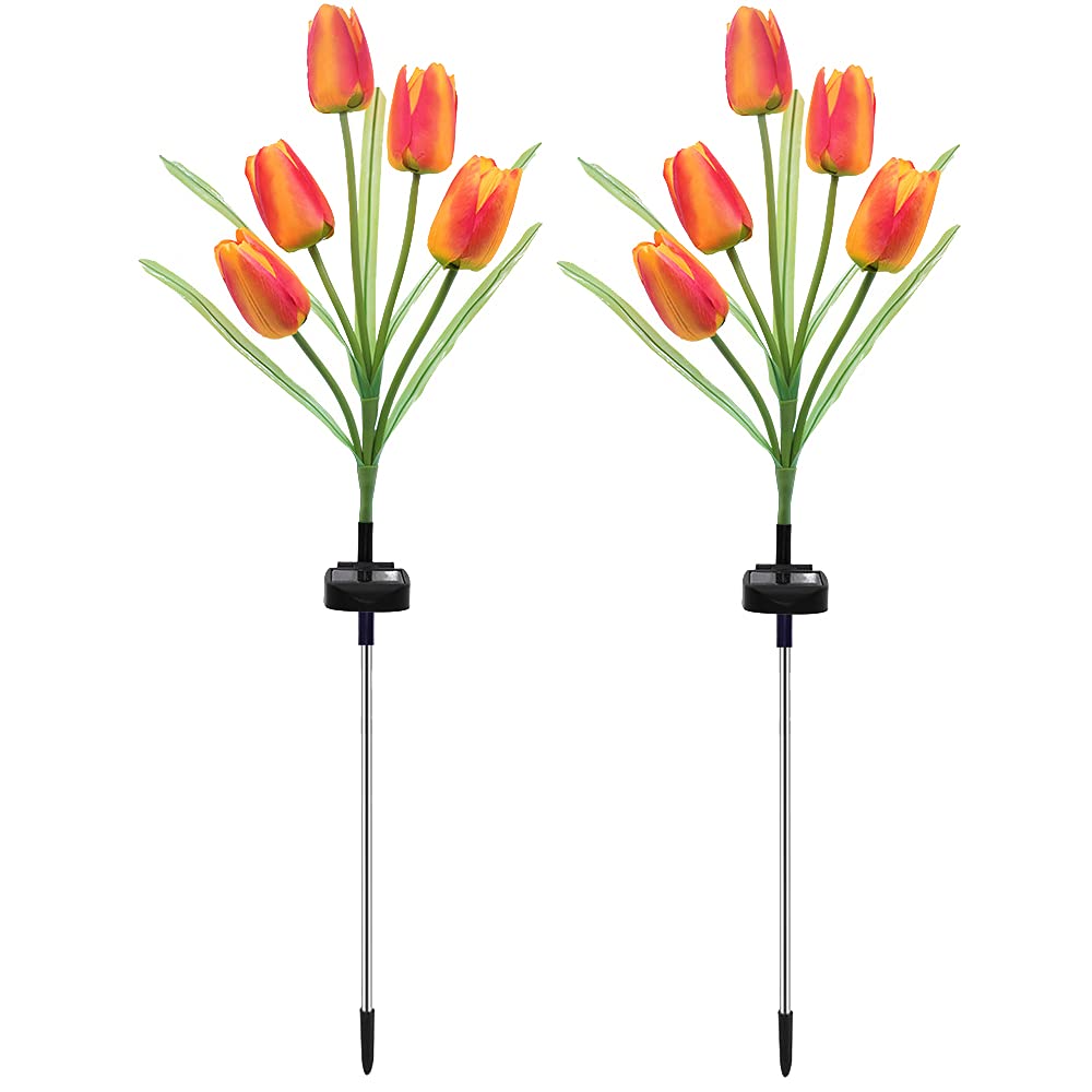 Solar Powered Tulip Flower Lights Outdoor - 5 LED Waterproof Garden Lights with Variable Colors for Patio, Backyard, Pathway - Solar Decorative Lighting (2 Pack Orange Red) - Perfect for Landscape Decor, Wedding & Party Lighting
