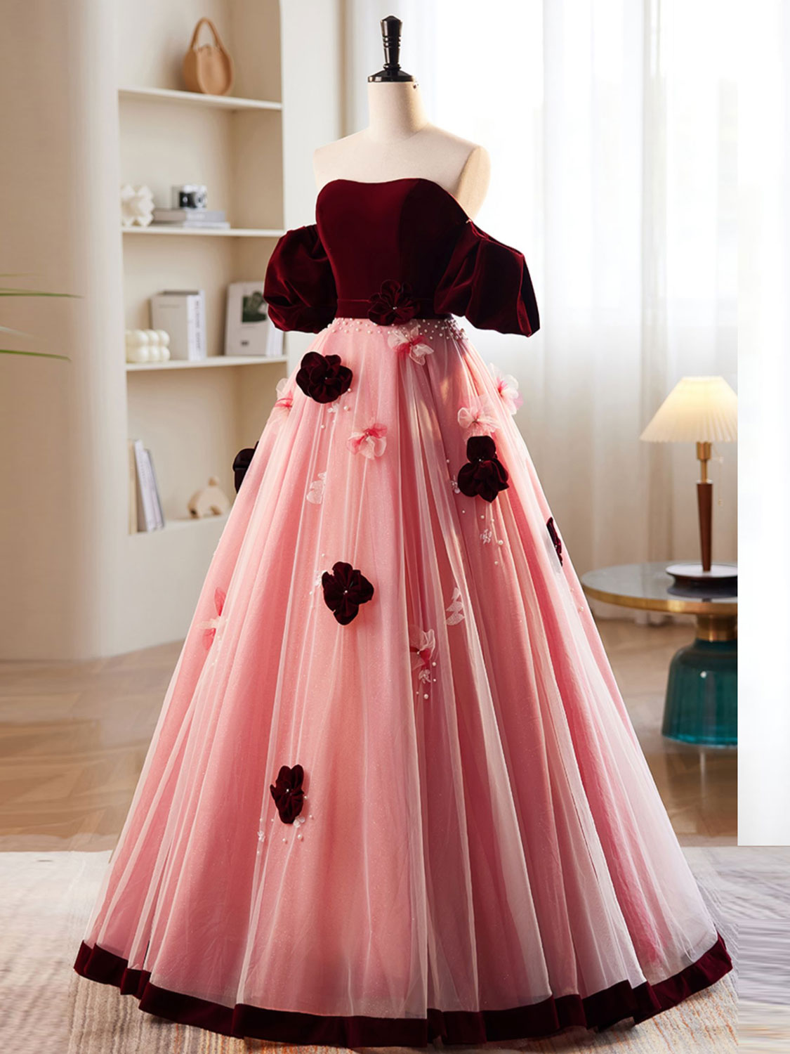 Elegant A-Line Burgundy & Pink Tulle Velvet Long Prom Dress - Formal Evening Gown for Homecoming, Quinceañera & Special Occasions