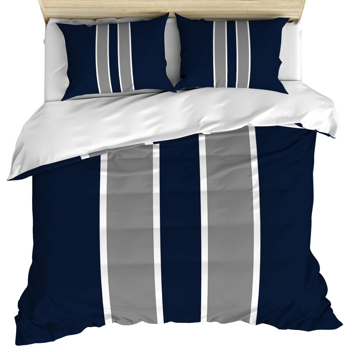 Premium Navy Grey Striped Duvet Cover Set - 3 Piece Full Size Geometric Bedding with Corner Ties & Zipper Closure (1 Duvet Cover + 2 Pillow Shams) - Ultra Soft Breathable Washed Cotton - Perfect for Modern Bedrooms, Guest Rooms & Cozy Home Decor