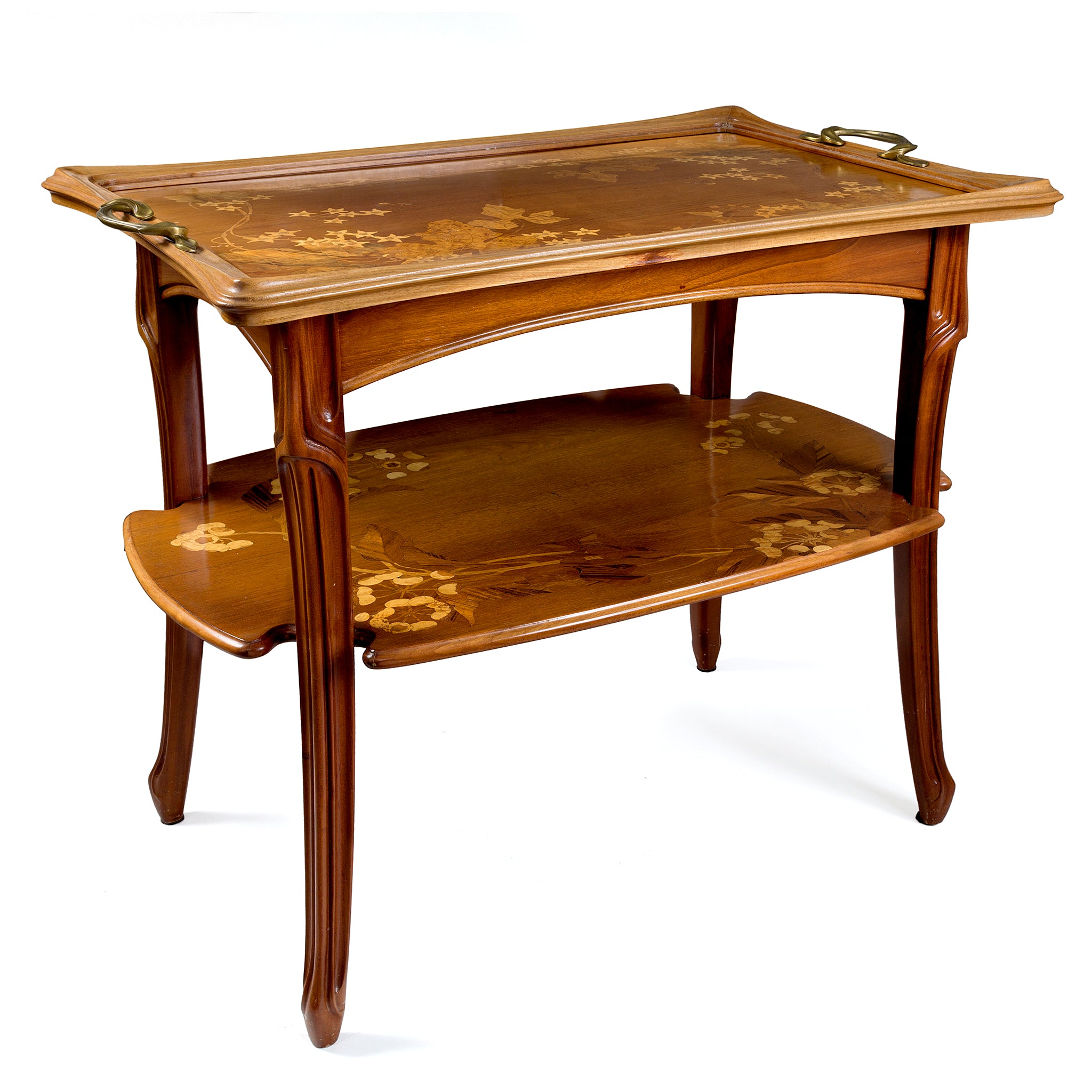 Louis Majorelle Two-Tier Fruitwood Marquetry Table - Antique French Art Nouveau Side Table for Living Room, Bedroom & Vintage Decor