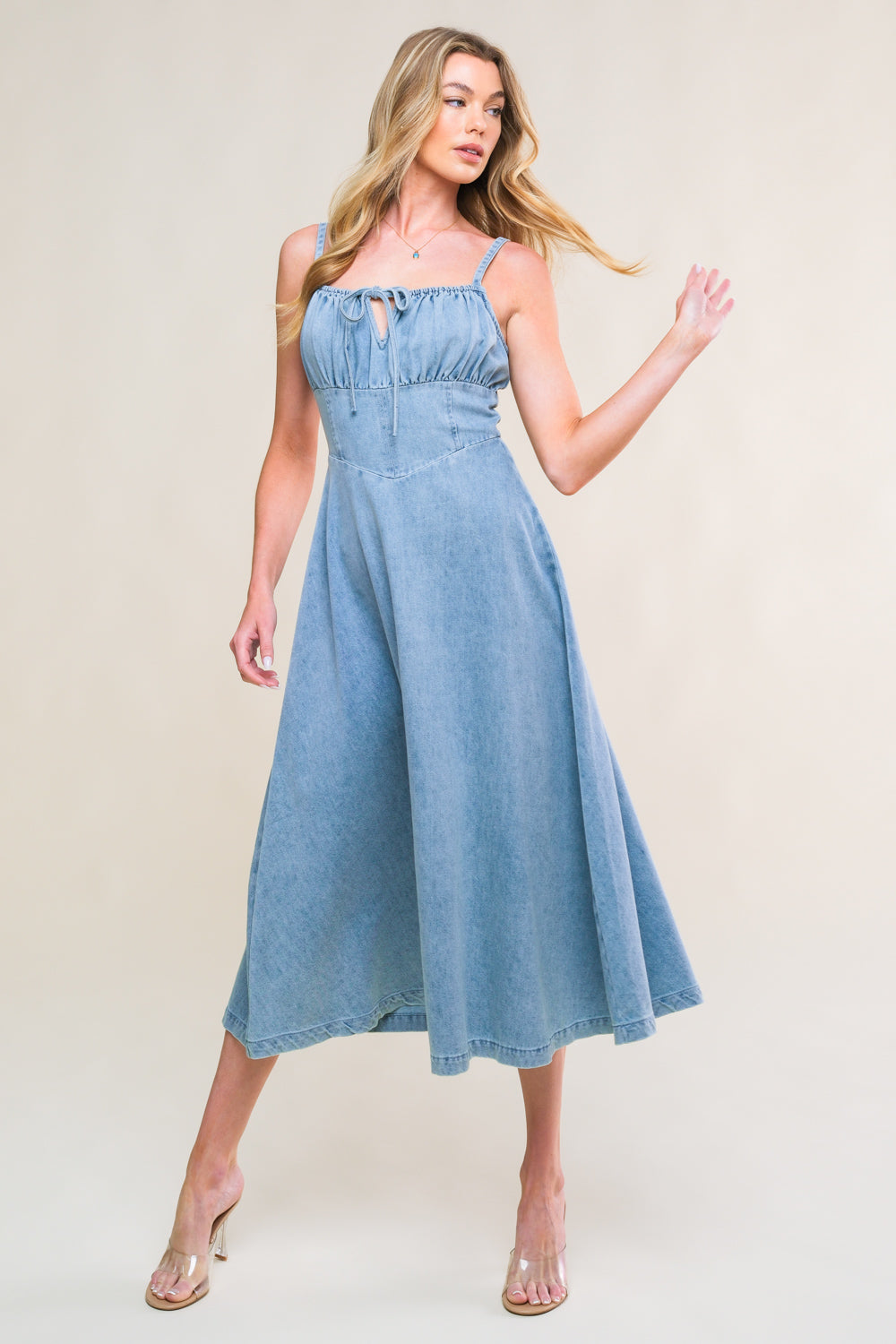 Festival Days Front Tie Denim Midi Dress for Women - Casual Summer Outfit, Boho Chic Style, Perfect for Parties, Dates, and Outdoor Events