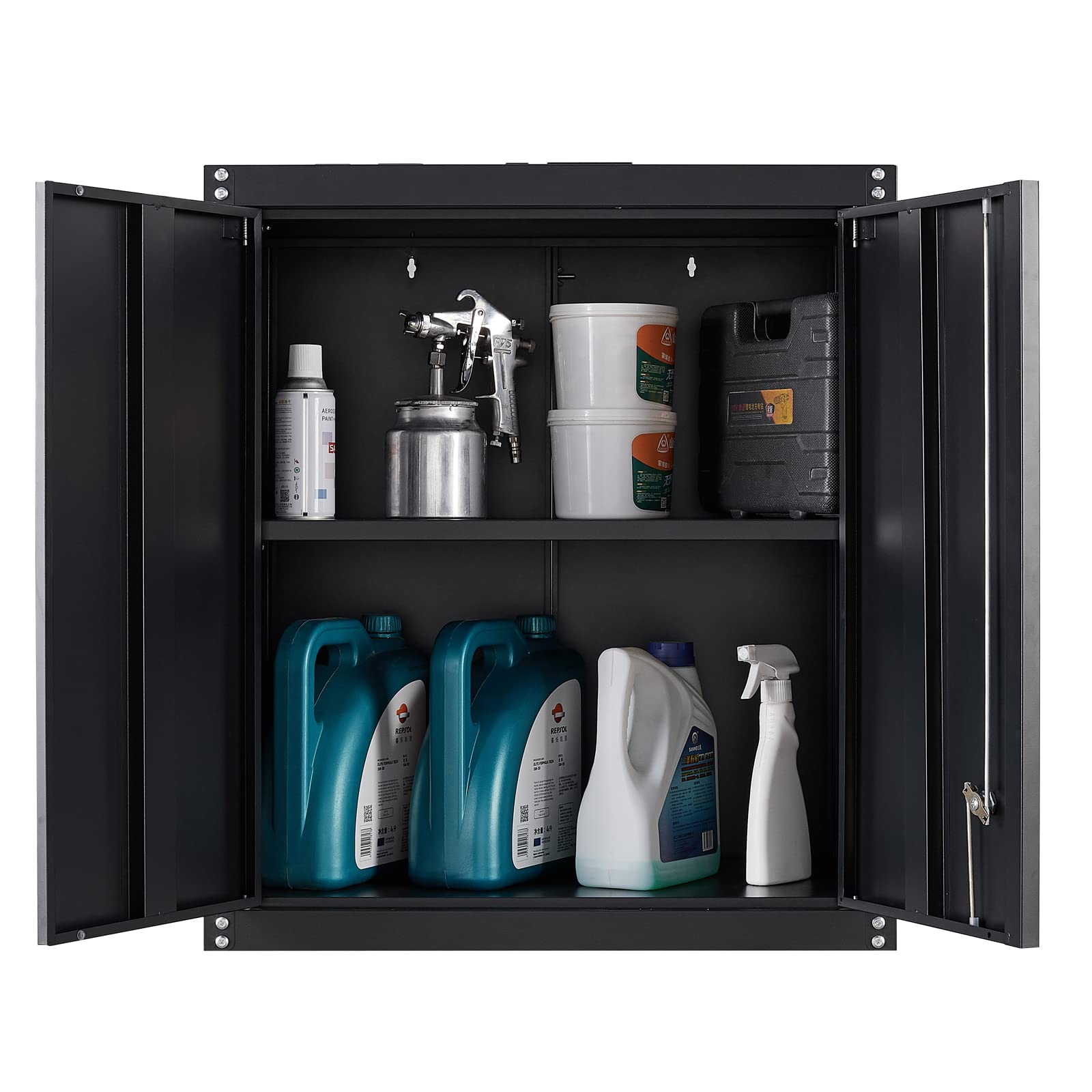 GREATMEET Black Metal Storage Cabinet with Lock & Doors - Heavy Duty Steel Wall Mount Garage Organizer for Tools, Equipment & Supplies | Perfect for Workshop, Garage & Home Storage Organization