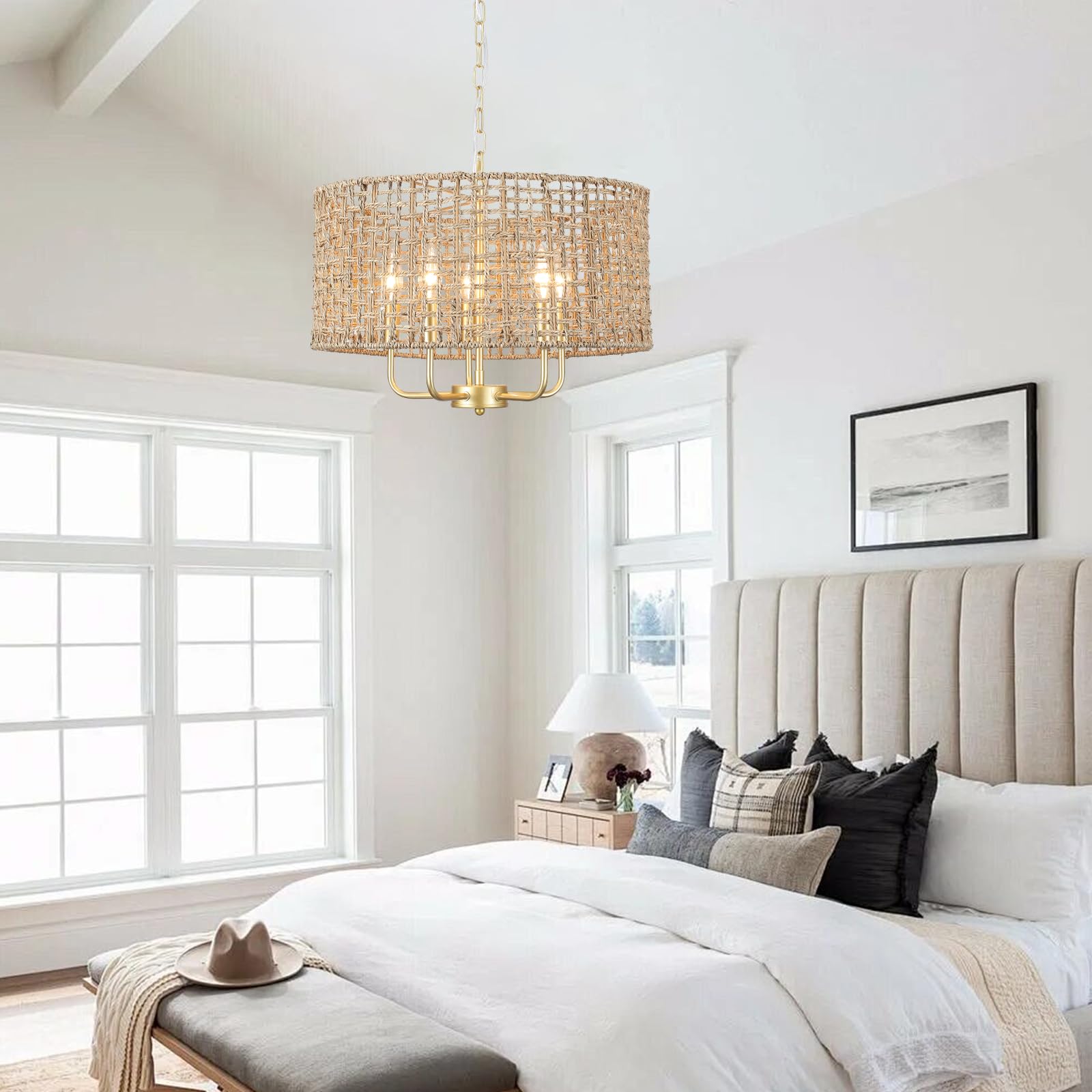 Boho Rattan Chandelier 5-Light Gold Woven Pendant Light, Coastal Wicker Drum Chandelier for Dining Room, Kitchen Island, Bedroom, Living Room, Entryway, Perfect for Farmhouse, Beach House, and Modern Interiors