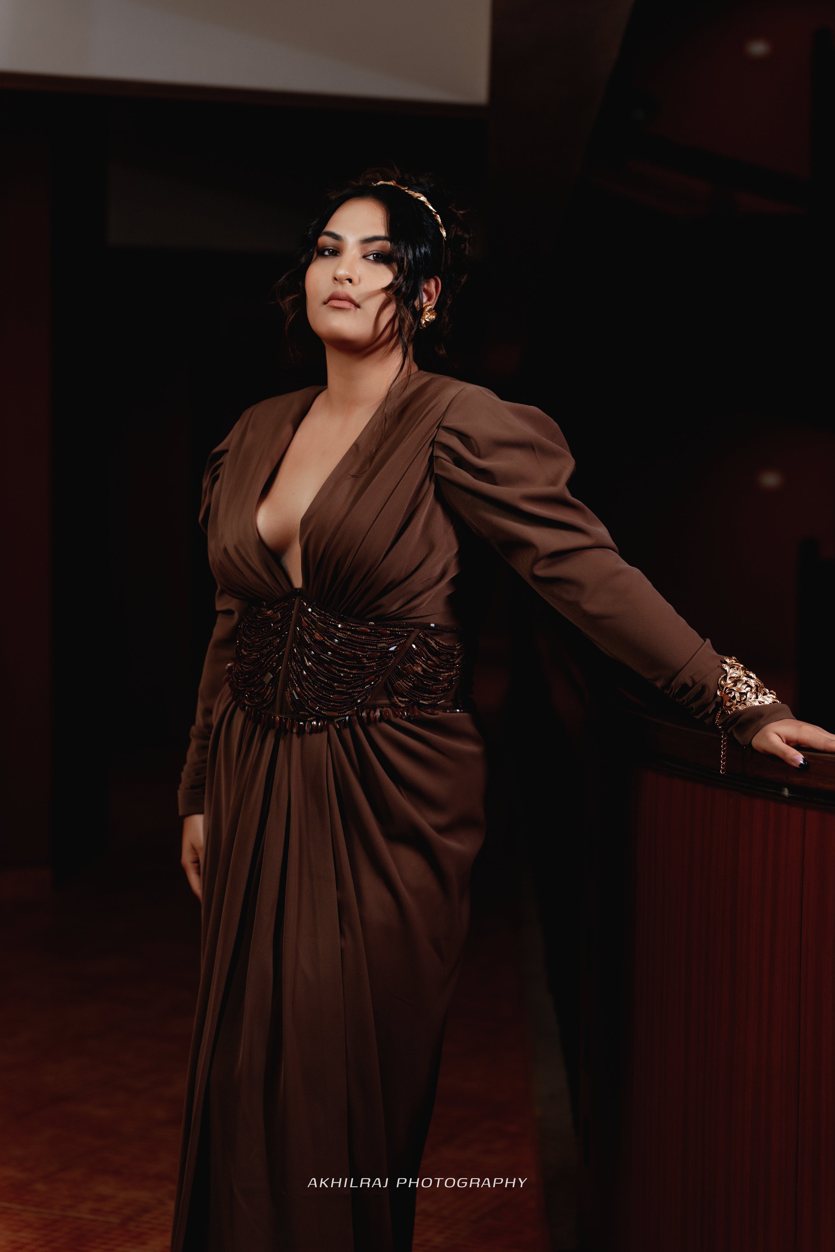 Sakshi Sindhwani Dark Tan Corset Dress with High Slit - Elegant Evening Gown for Parties, Weddings & Special Occasions