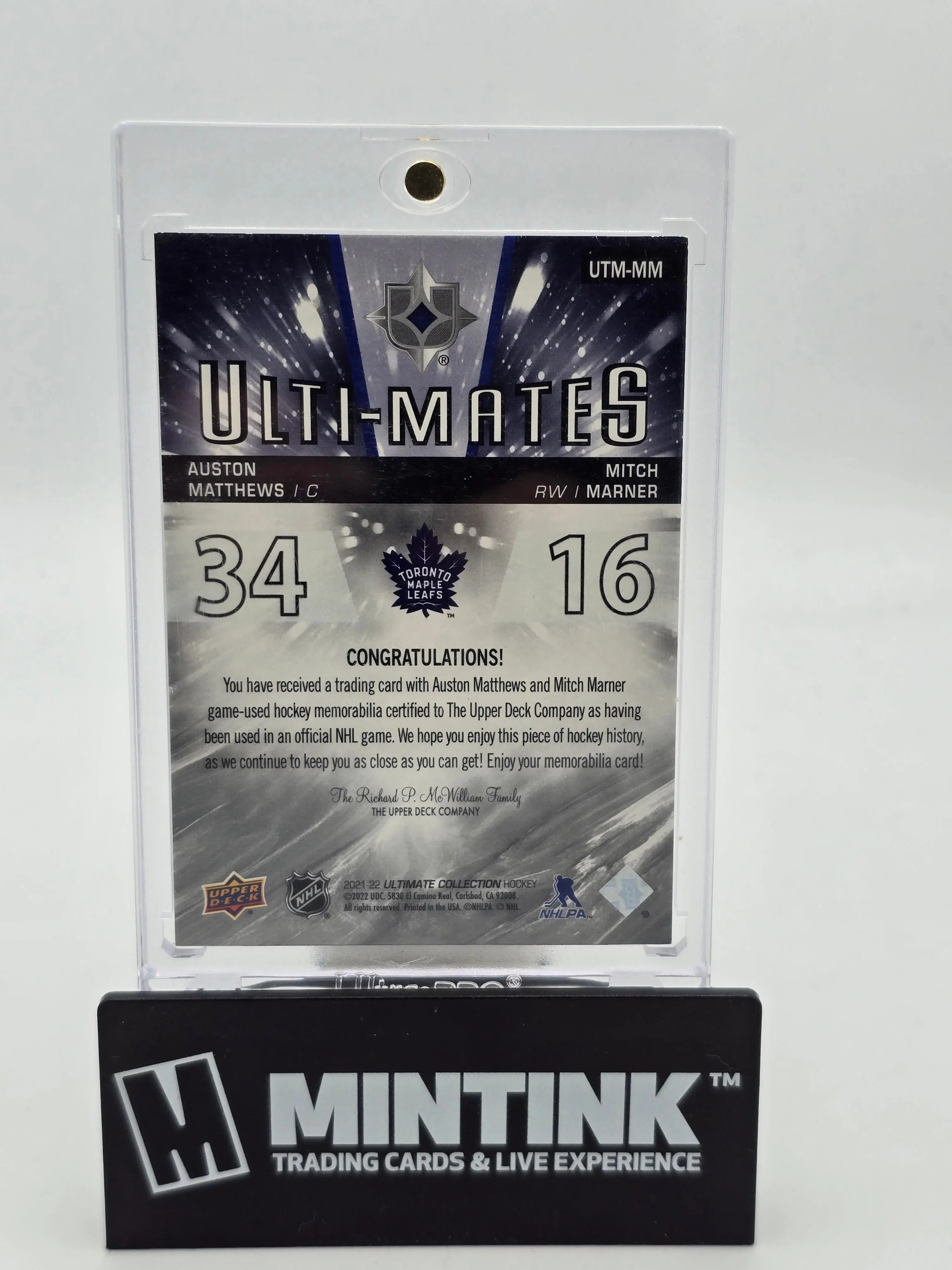 2021-22 Upper Deck Ultimate Collection Auston Matthews & Mitch Marner Ulti-Mates Dual Patch Card #/35 - NHL Hockey Collectible for Fans & Memorabilia Enthusiasts